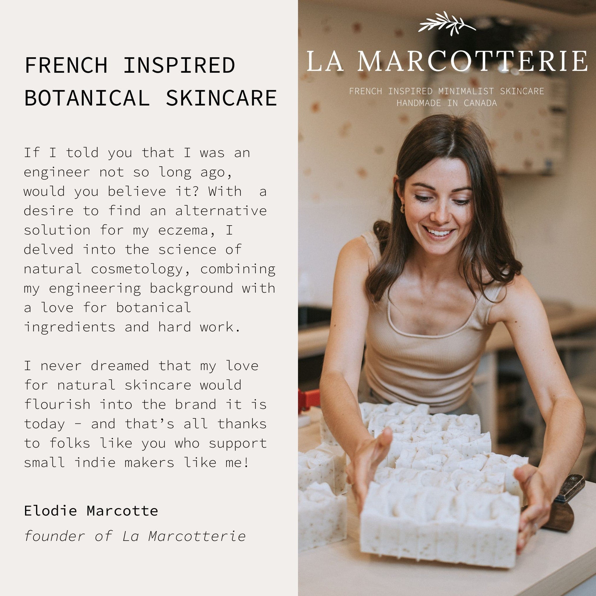 Skincare products with white bars, woman holding, La Marcotterie brand