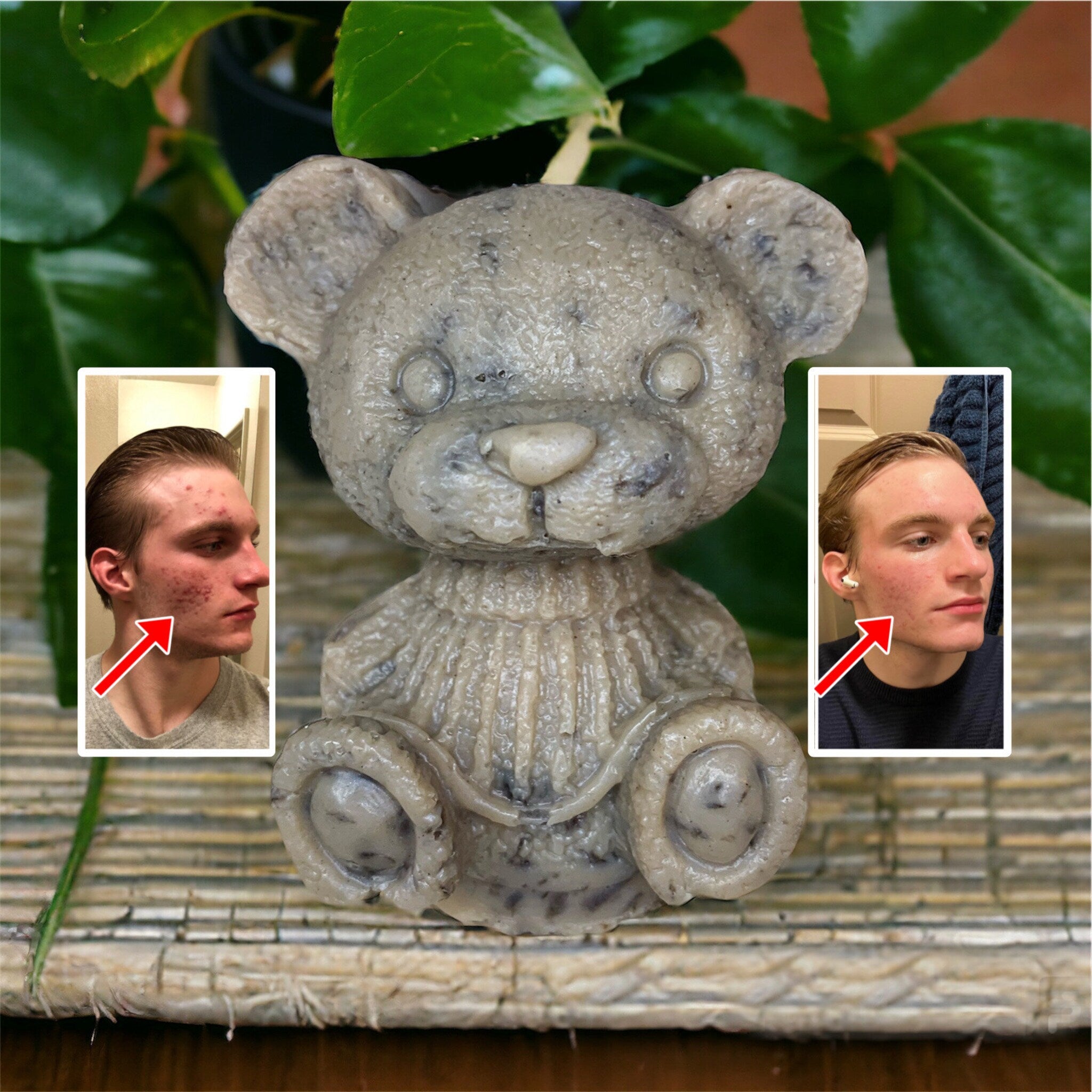 Soap bear shaped, gray with dark spots, with two men showing before and after skin