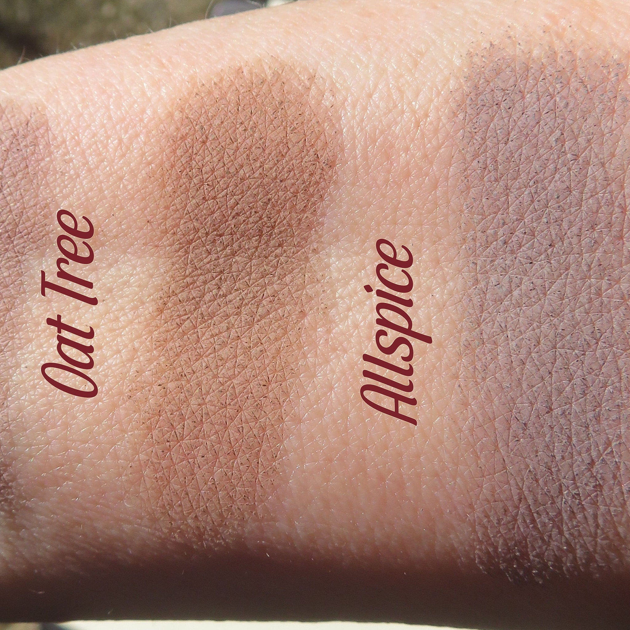 Swatch samples of brown and purple eyeshadow on skin, with "Oat Tree" and "Allspice" text labels