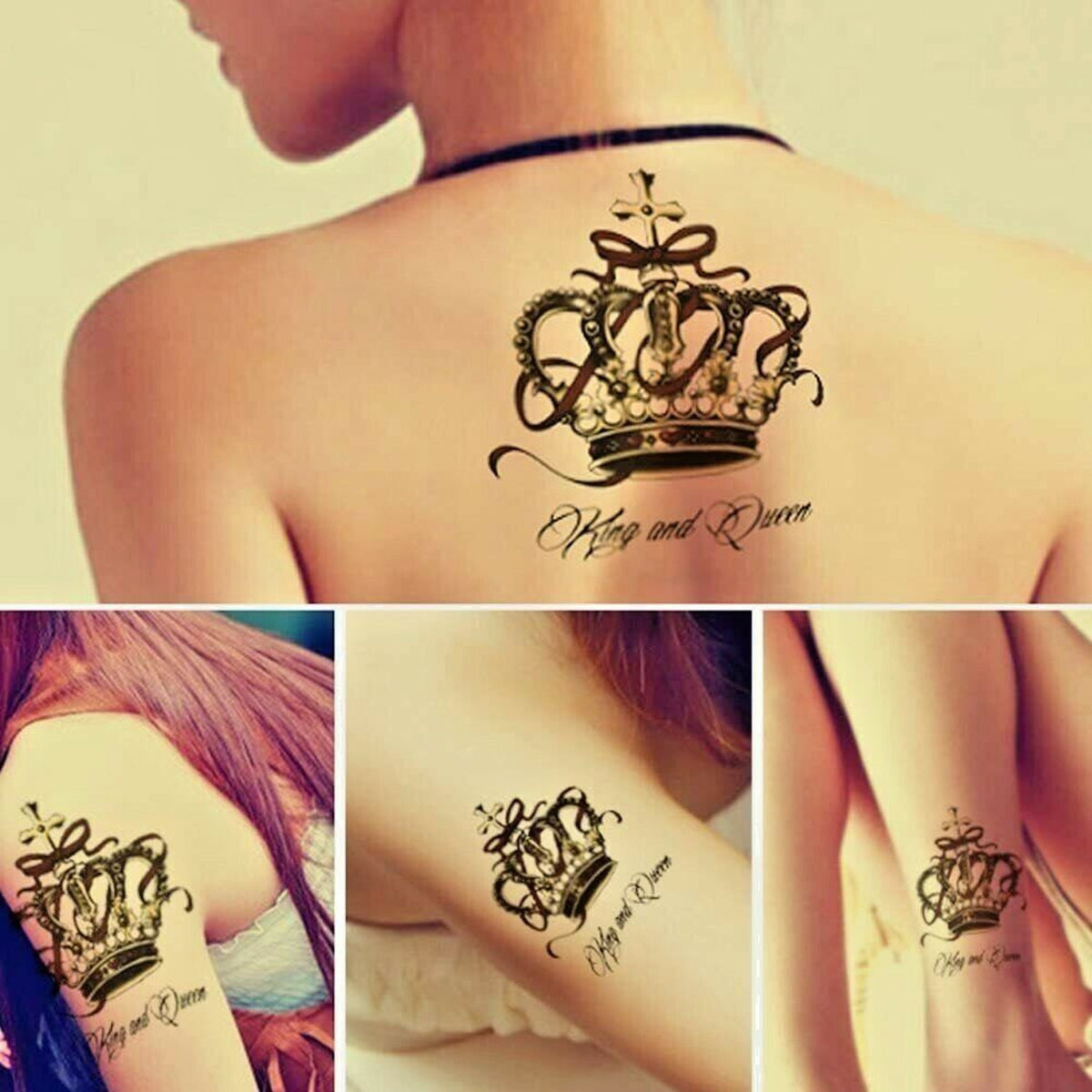 Gold crown-shaped temporary tattoo stickers on skin with minimalist packaging
