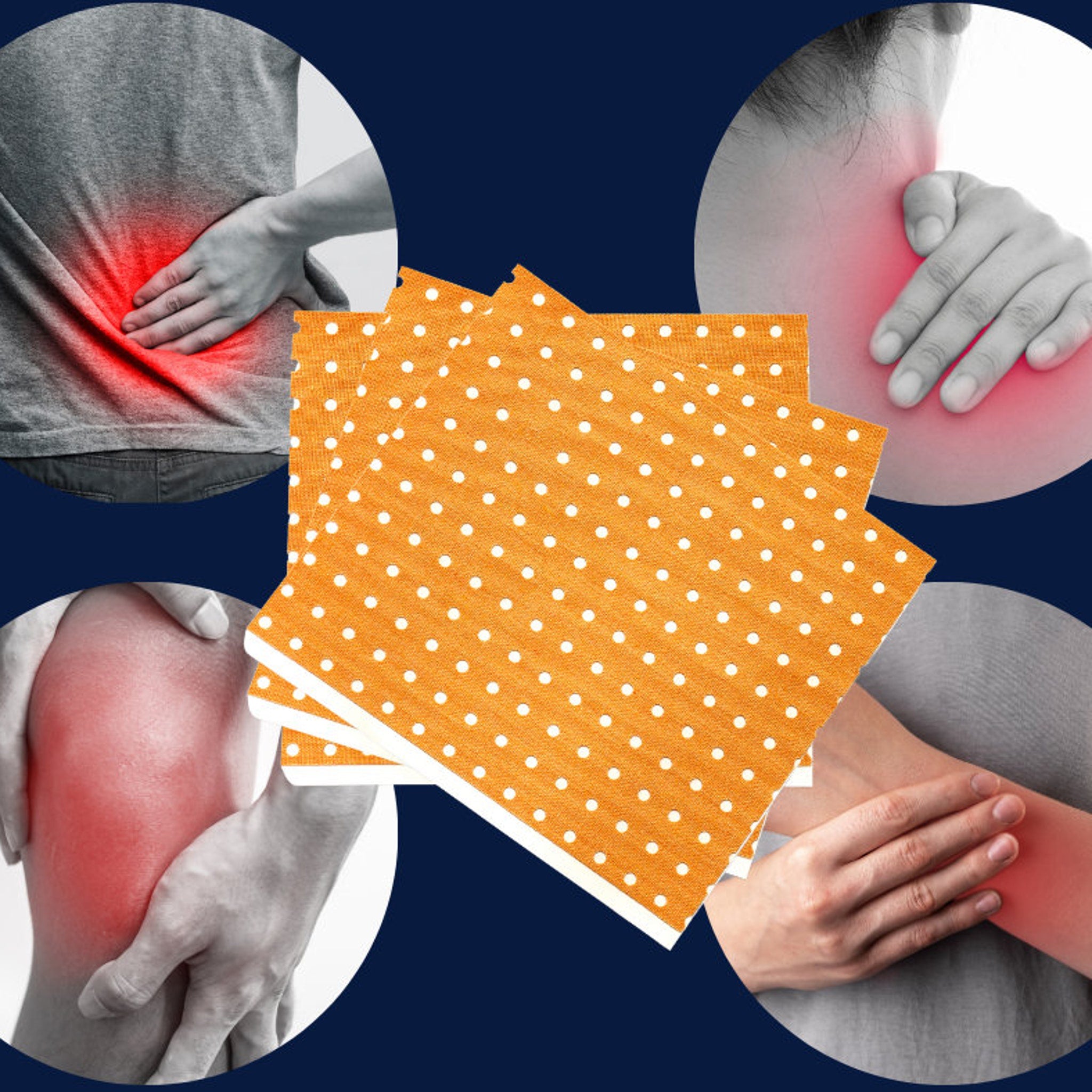 Adhesive bandages orange with white polka dots, shown with areas of pain