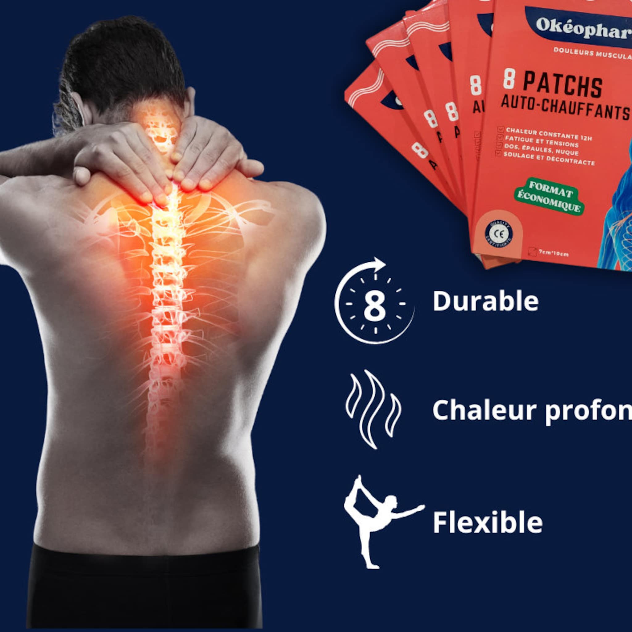 Pain relief patches with red packaging, white text, and a person with back pain