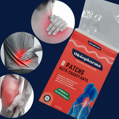 Auto-heating patches with red and white packaging, Okéopharma brand, for muscle pain relief