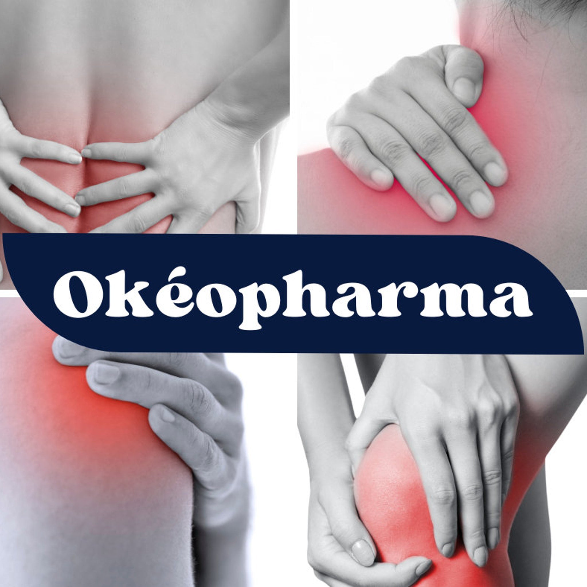 Pain relief image with grayscale body parts and red pain areas, Okéopharma branding in white text
