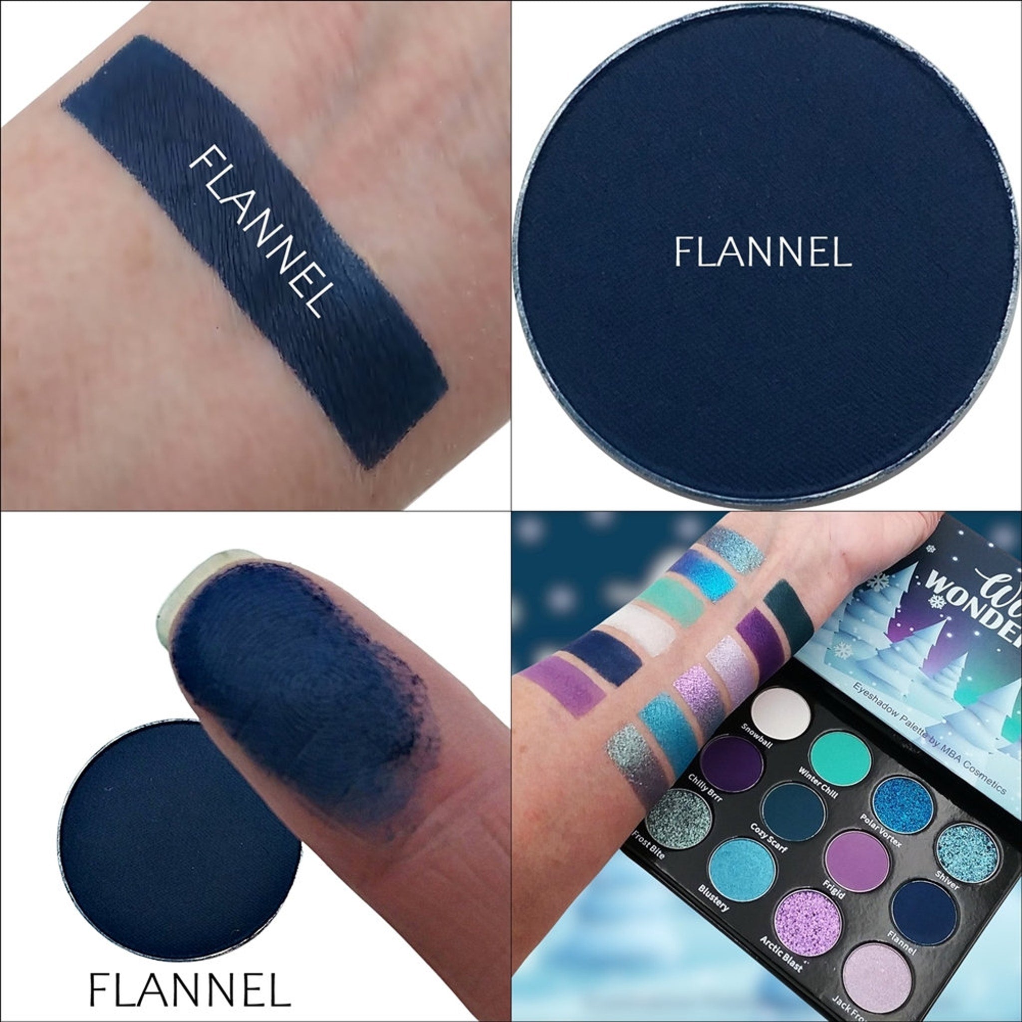 Close-up of matte flannel eyeshadow being applied to eyelid with a fluffy brush