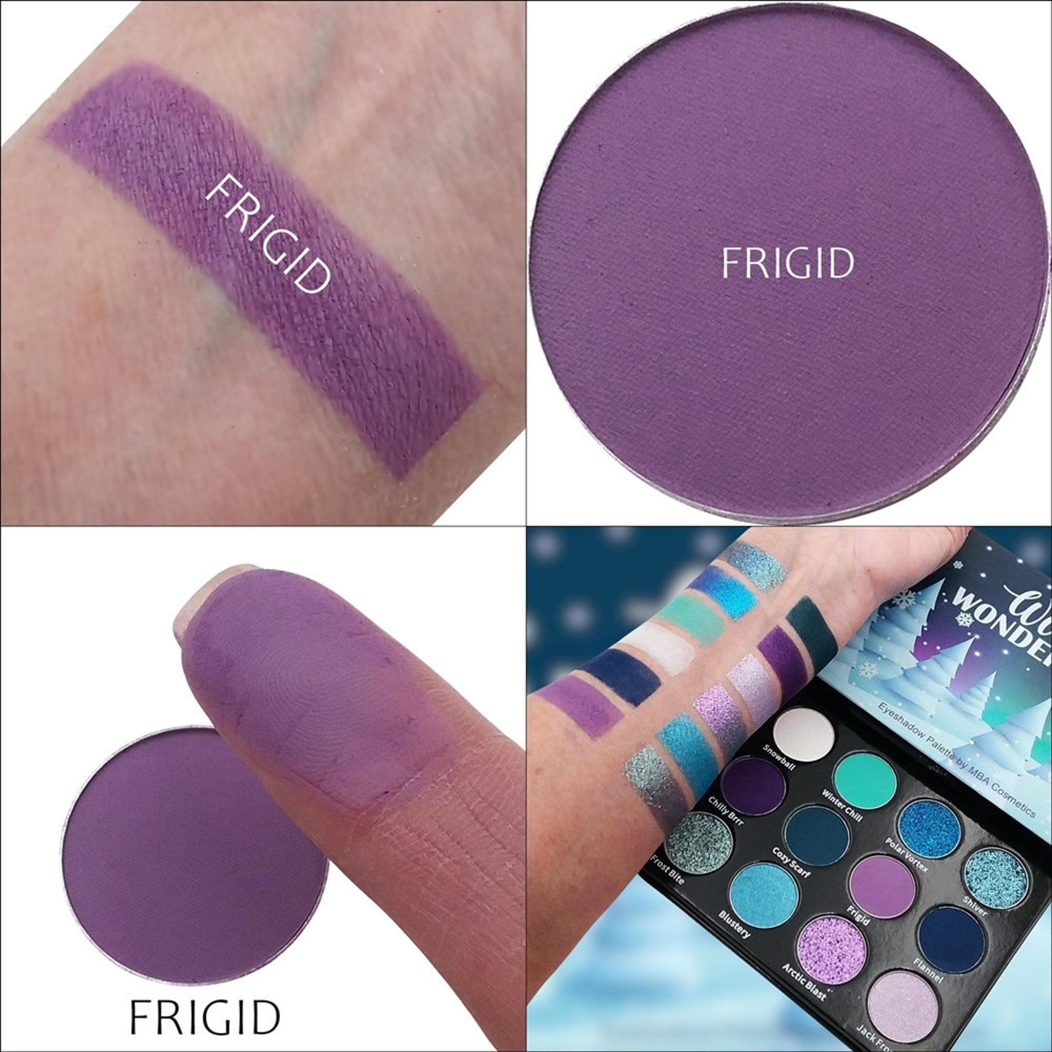 Close-up of matte frigid eyeshadow being applied to eyelid with a fluffy brush