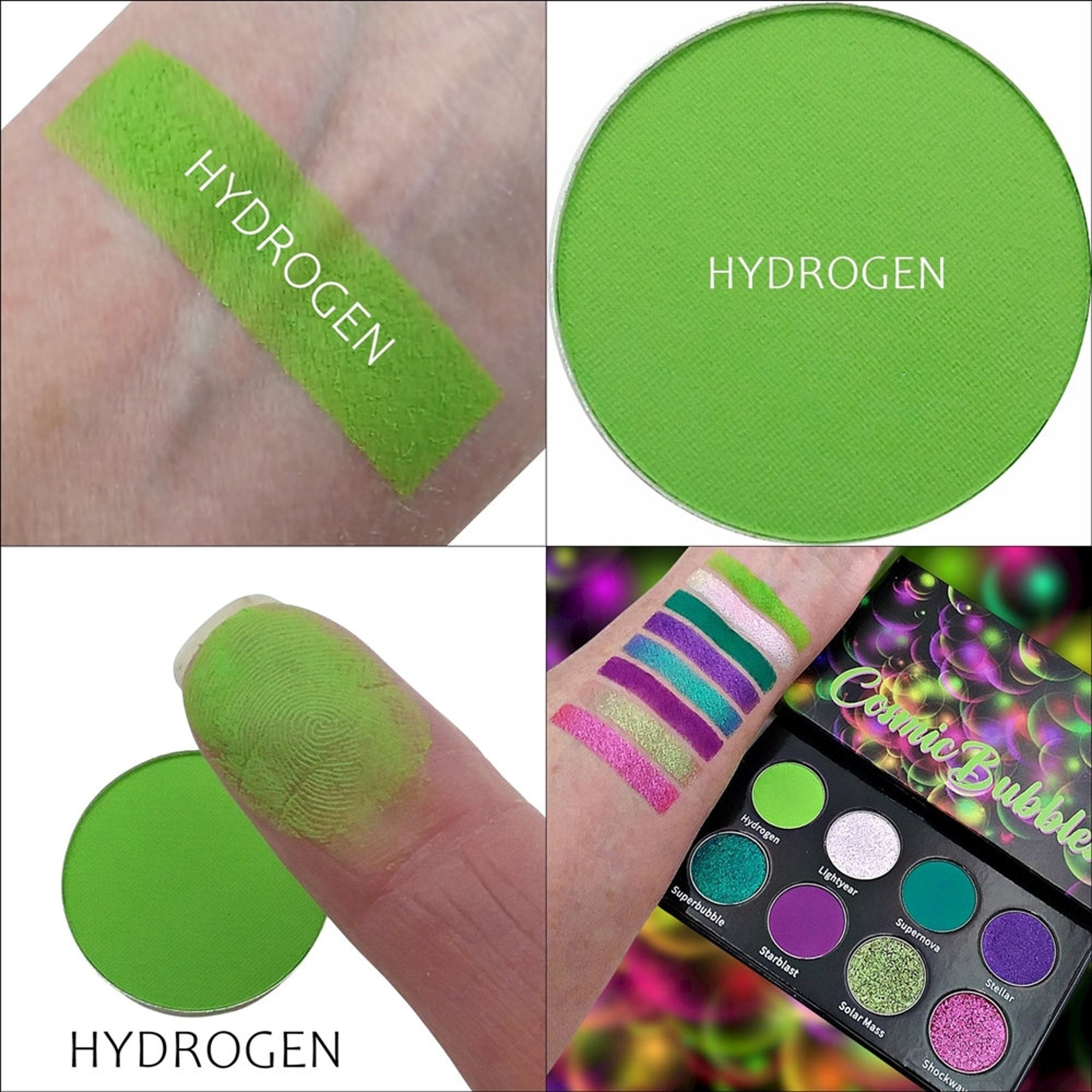 Close-up of matte hydrogen eyeshadow being applied to eyelid with a blending brush