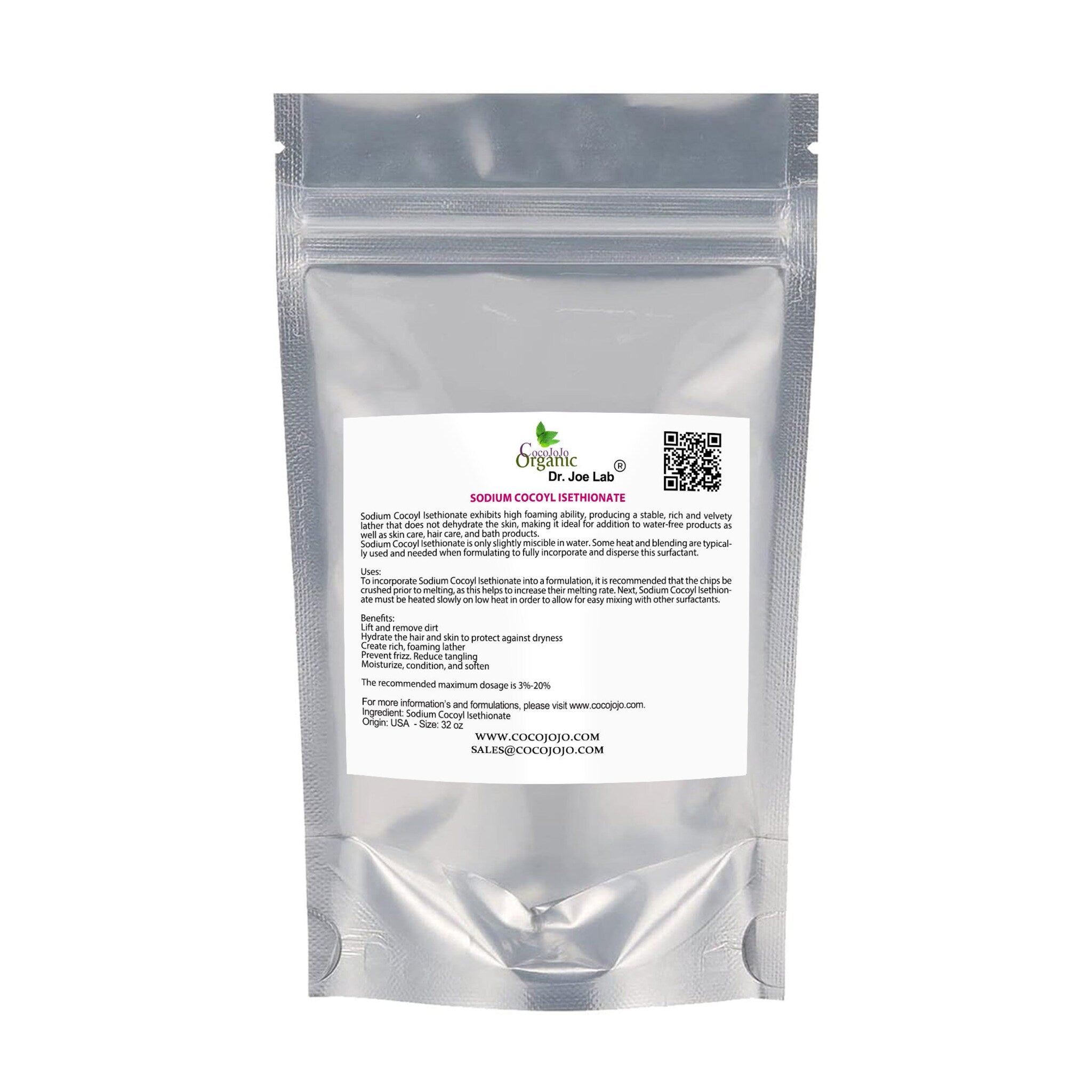 Sodium Cocoyl Isethionate flakes in silver foil bag with Cocojojo text and logo visible