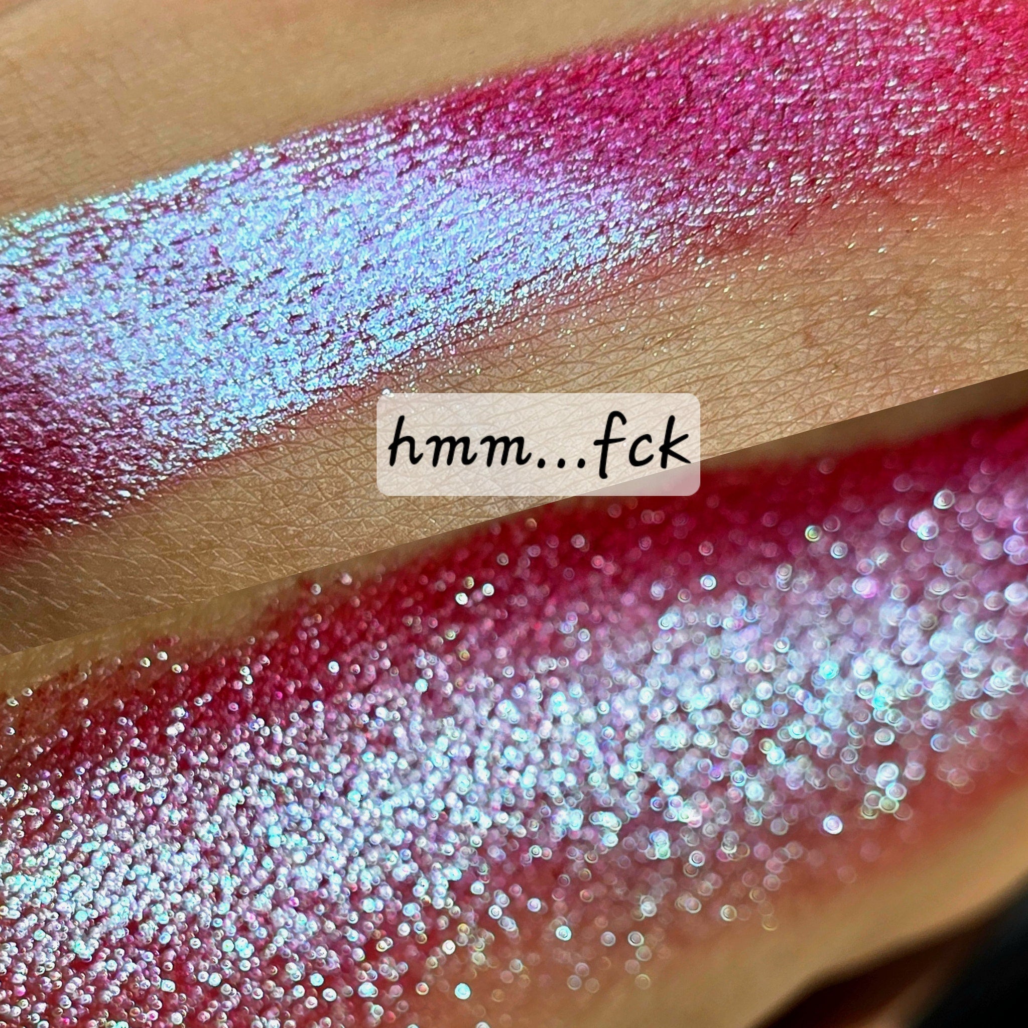 Extreme close-up of multichrome eye shadow shifting from emerald green to deep violet with shimmery finish