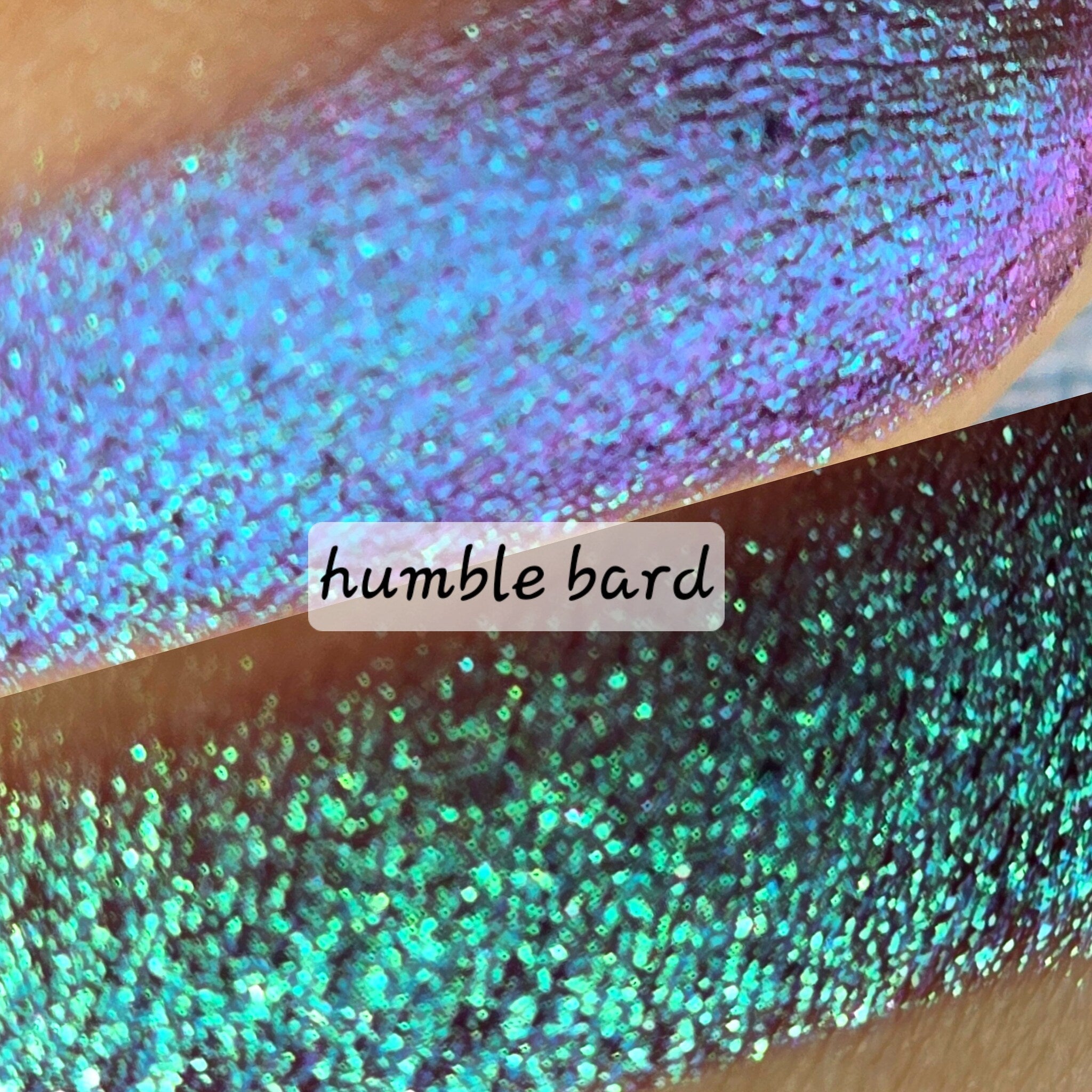 Side view of Humble Bard multichrome eye shadow pot showing shimmery color shift from bronze to green