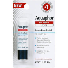 Lip repair stick in white and blue packaging, Aquaphor brand, for dry lips relief