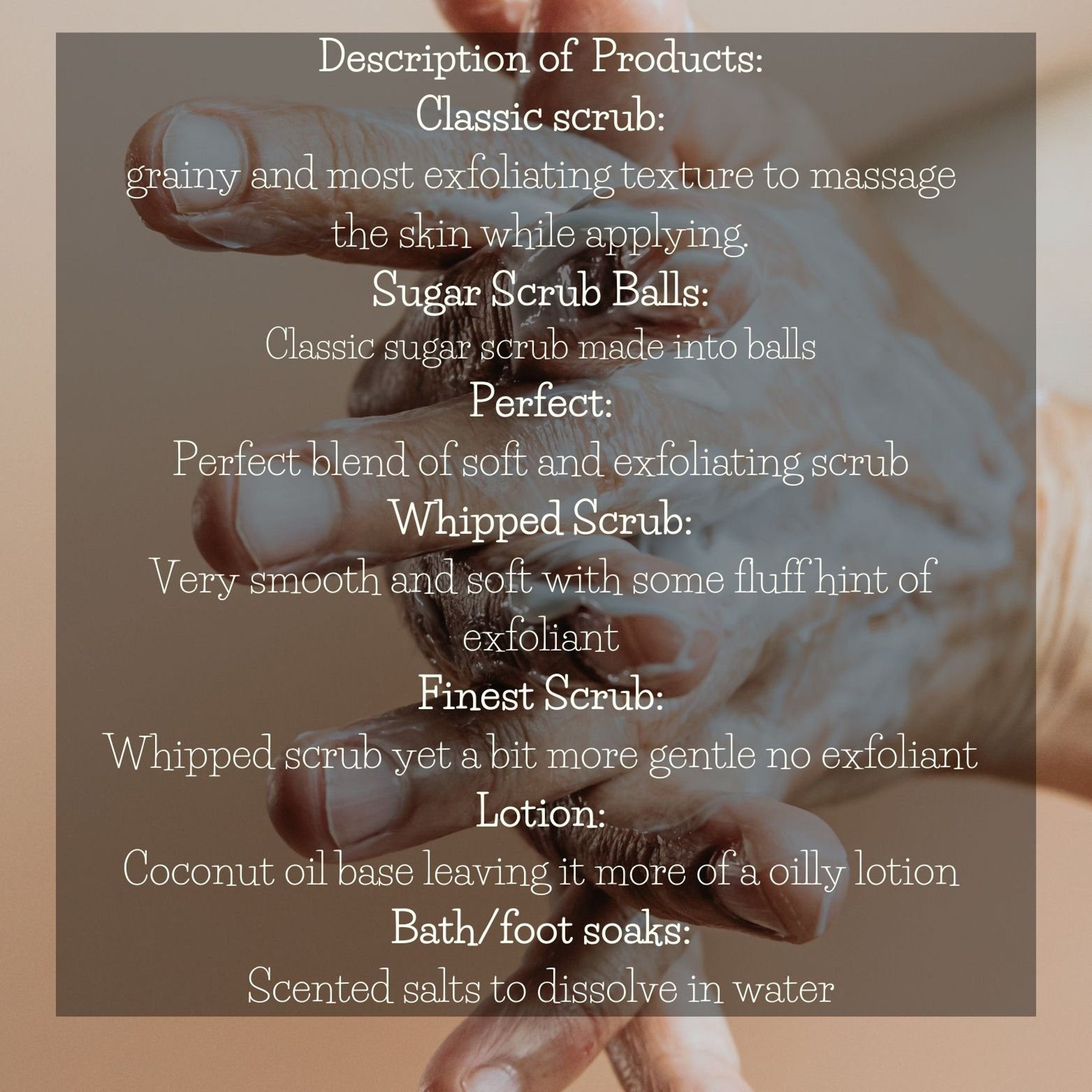 Hand with beige skin and white text describing product textures