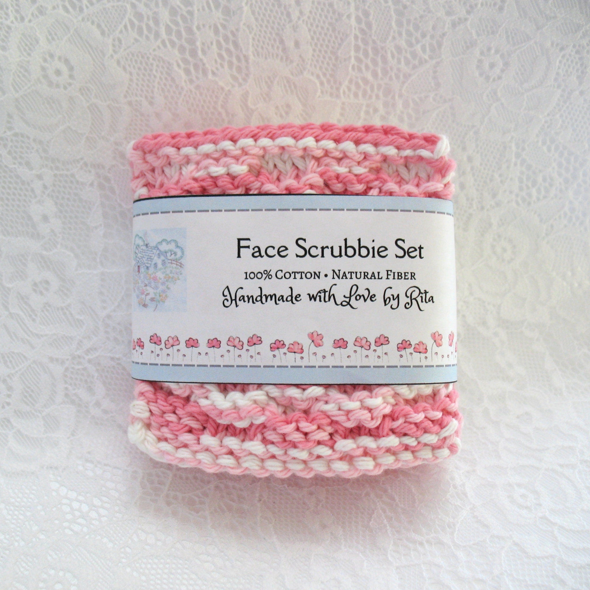 Face scrubbie set, pink and white knitted cotton, with "Handmade with Love by Rita" label
