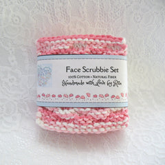 Face scrubbie set, pink and white knitted cotton, with "Handmade with Love by Rita" label