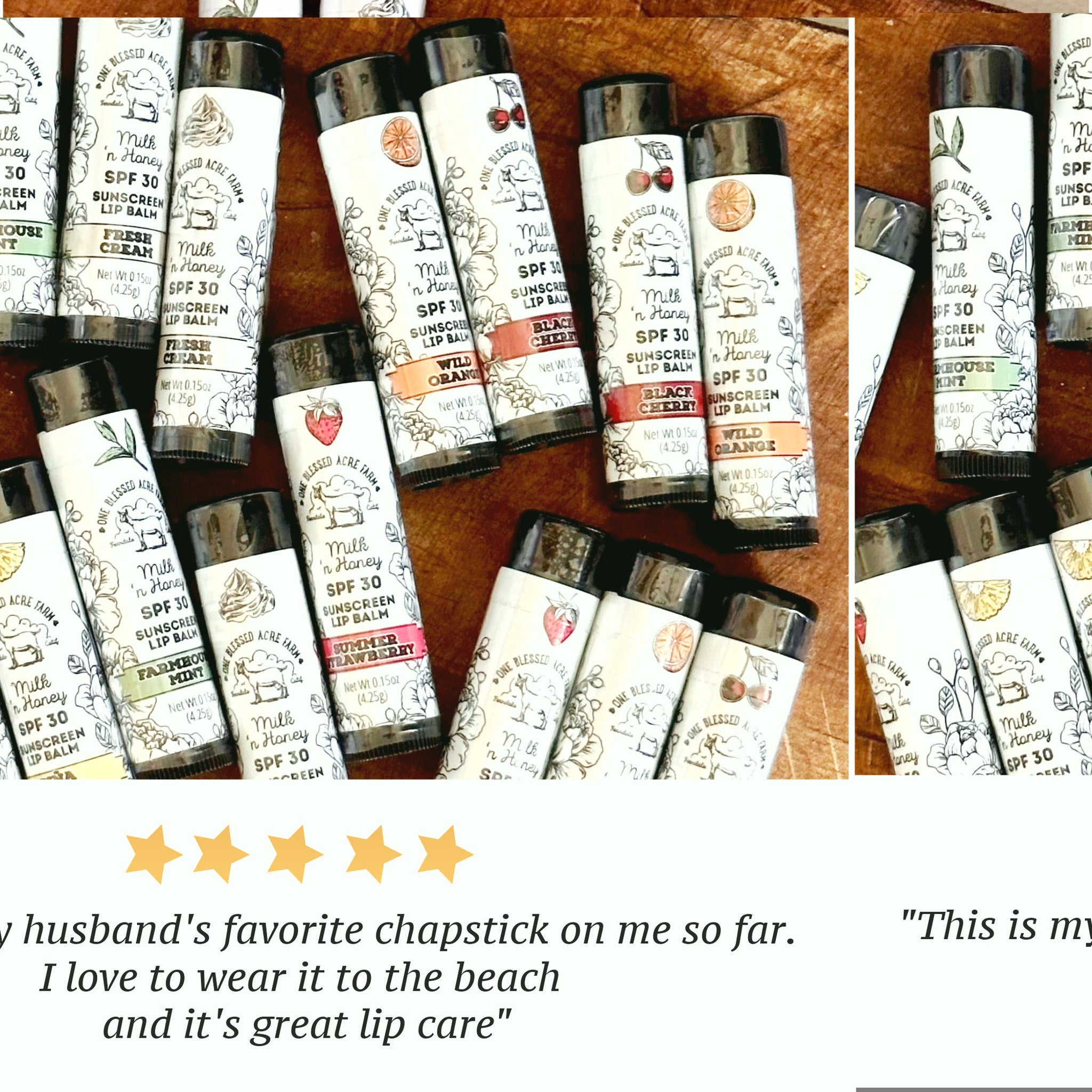 SPF 30 lip balm tubes with black caps, white labels, and One Blessed Acre Farm text
