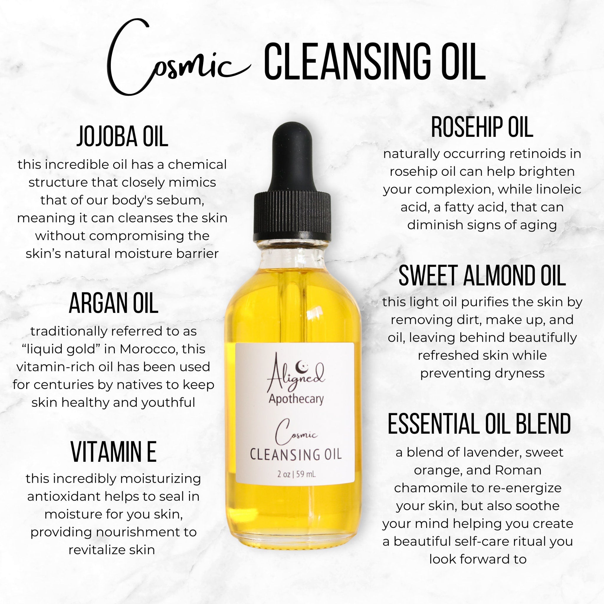 Cleansing oil bottle with yellow liquid, black dropper, and Aligned Apothecary label