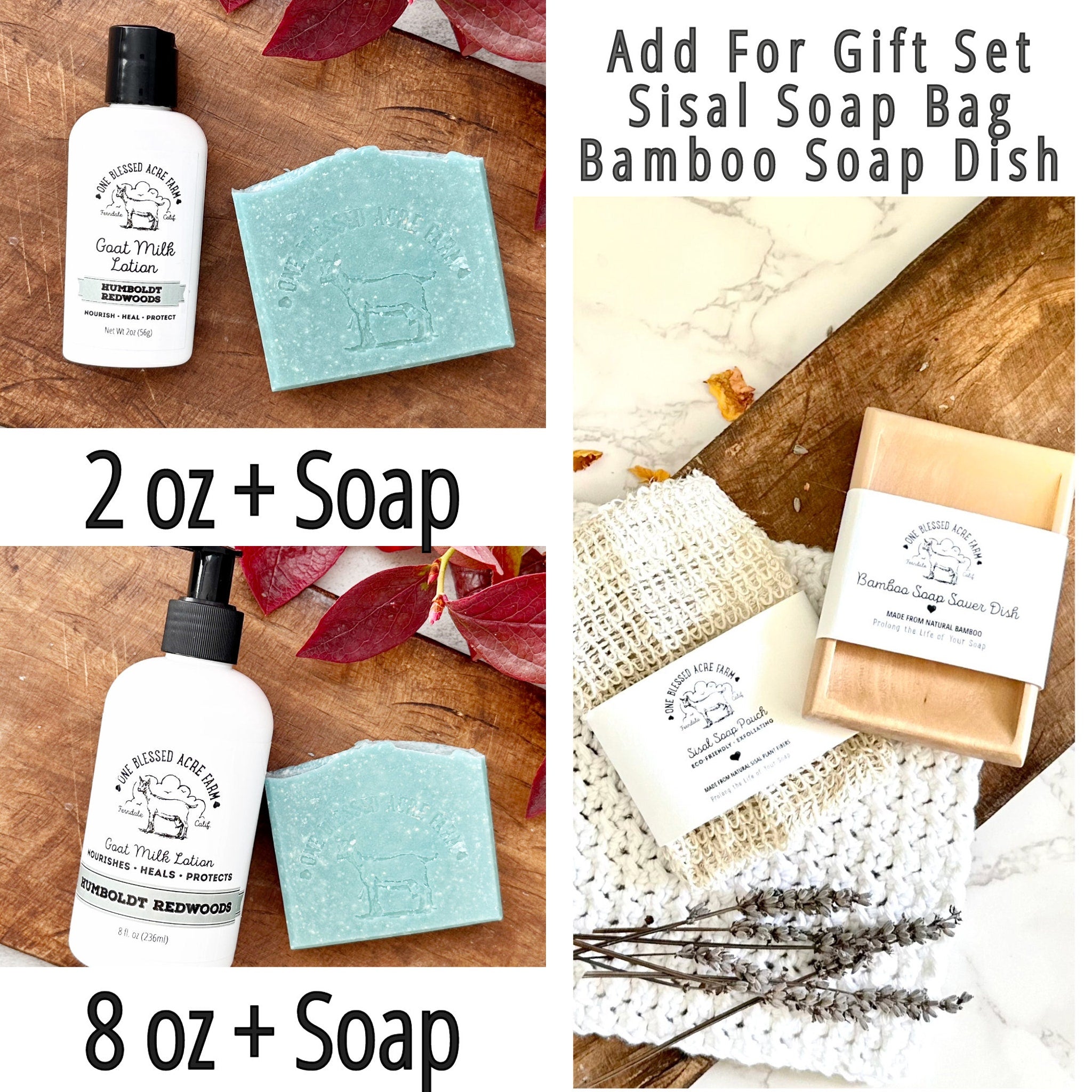 Goat milk lotion and soap set with blue soap, white bottle, and wood background