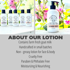 Goat milk lotion bottles, white with black caps, One Blessed Acre Farm branding, various scents displayed