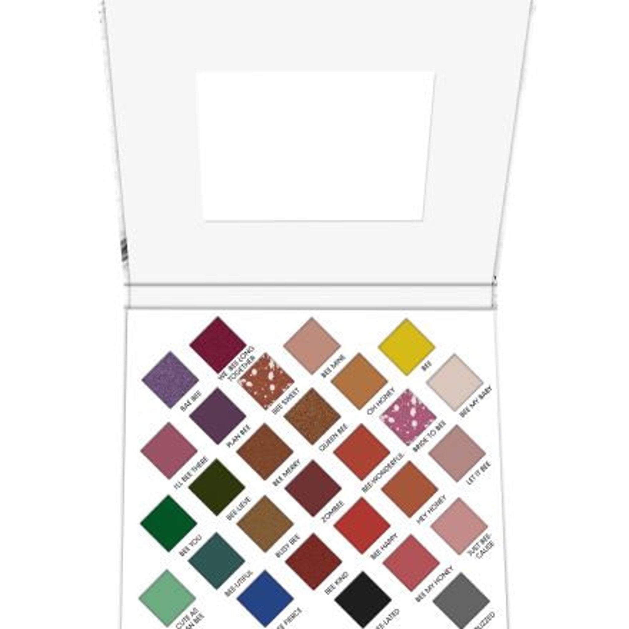 Eyeshadow palette with various colors, diamond pattern, and white case.