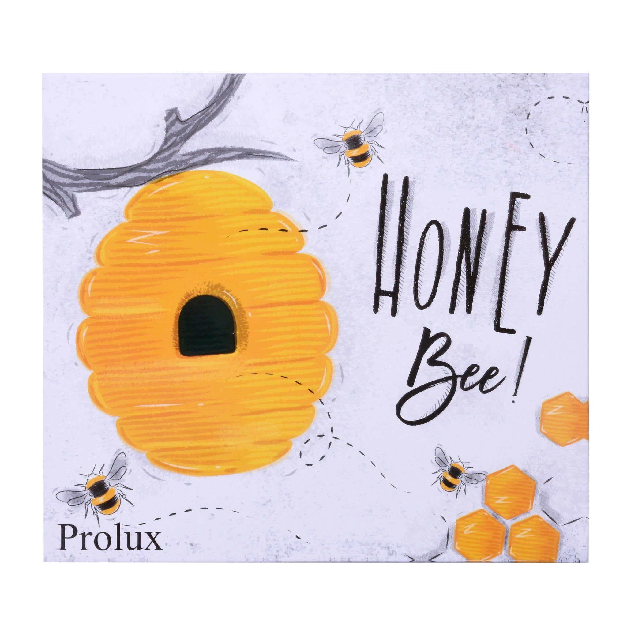Honey Bee illustration with yellow beehive, black and yellow bees, and Prolux brand text on white background