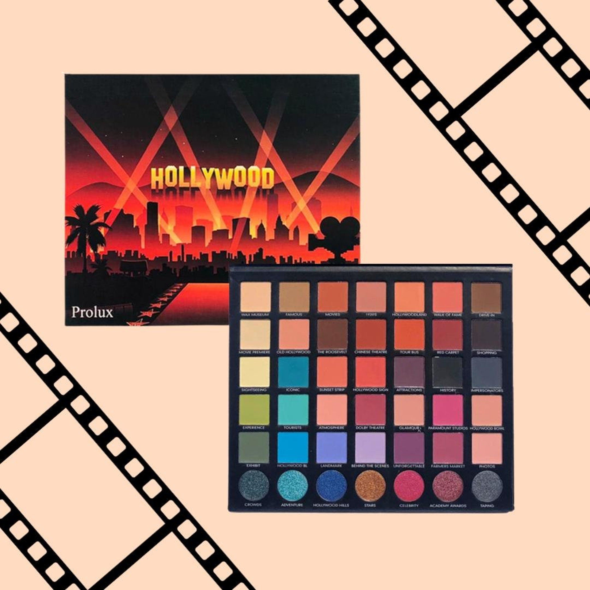 Eyeshadow palette with Prolux branding, black case, and multiple colorful shades