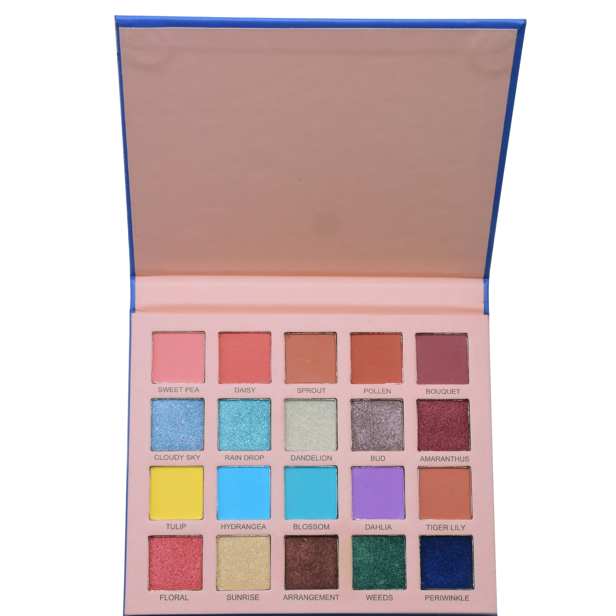 Eyeshadow palette with pink, blue, and colorful shades in a rectangular case, open for use
