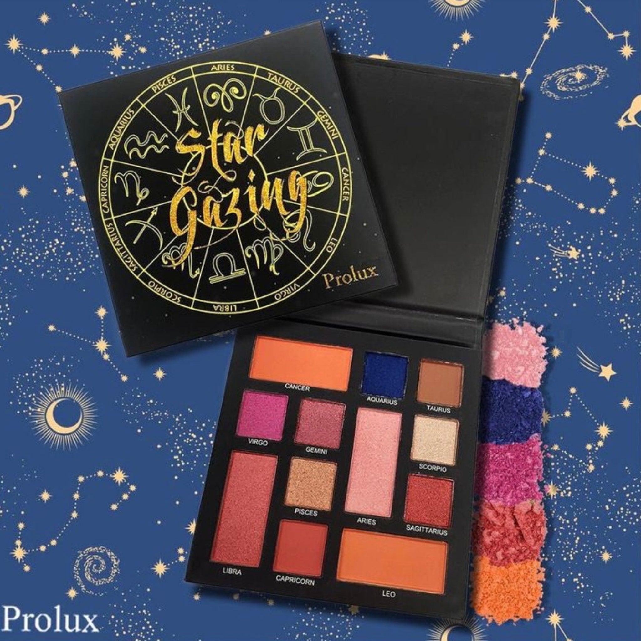 Eyeshadow palette with black case, colorful eyeshadow shades, and Prolux brand name