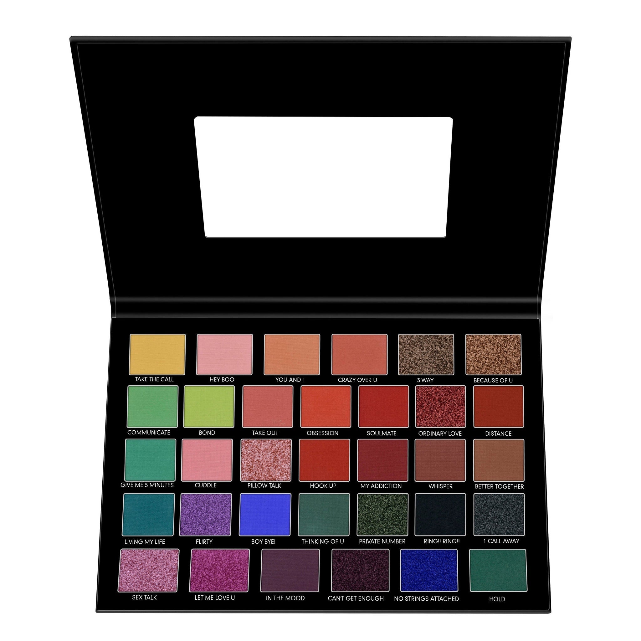 Eyeshadow palette with various colors in a black compact, for makeup application.