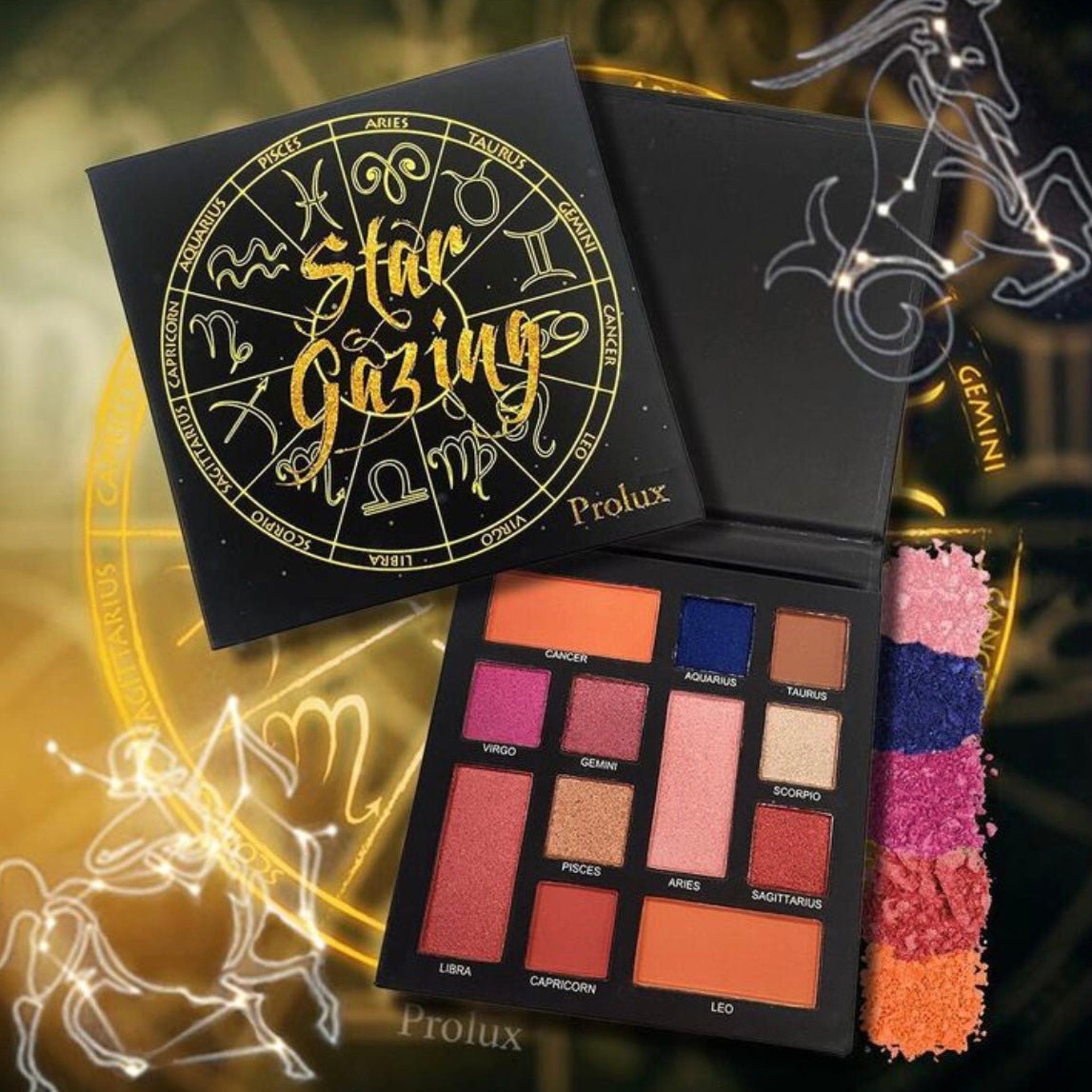 Eyeshadow palette with black case, gold lettering, and colorful shades, Prolux brand