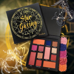 Eyeshadow palette with black case, gold lettering, and colorful shades, Prolux brand