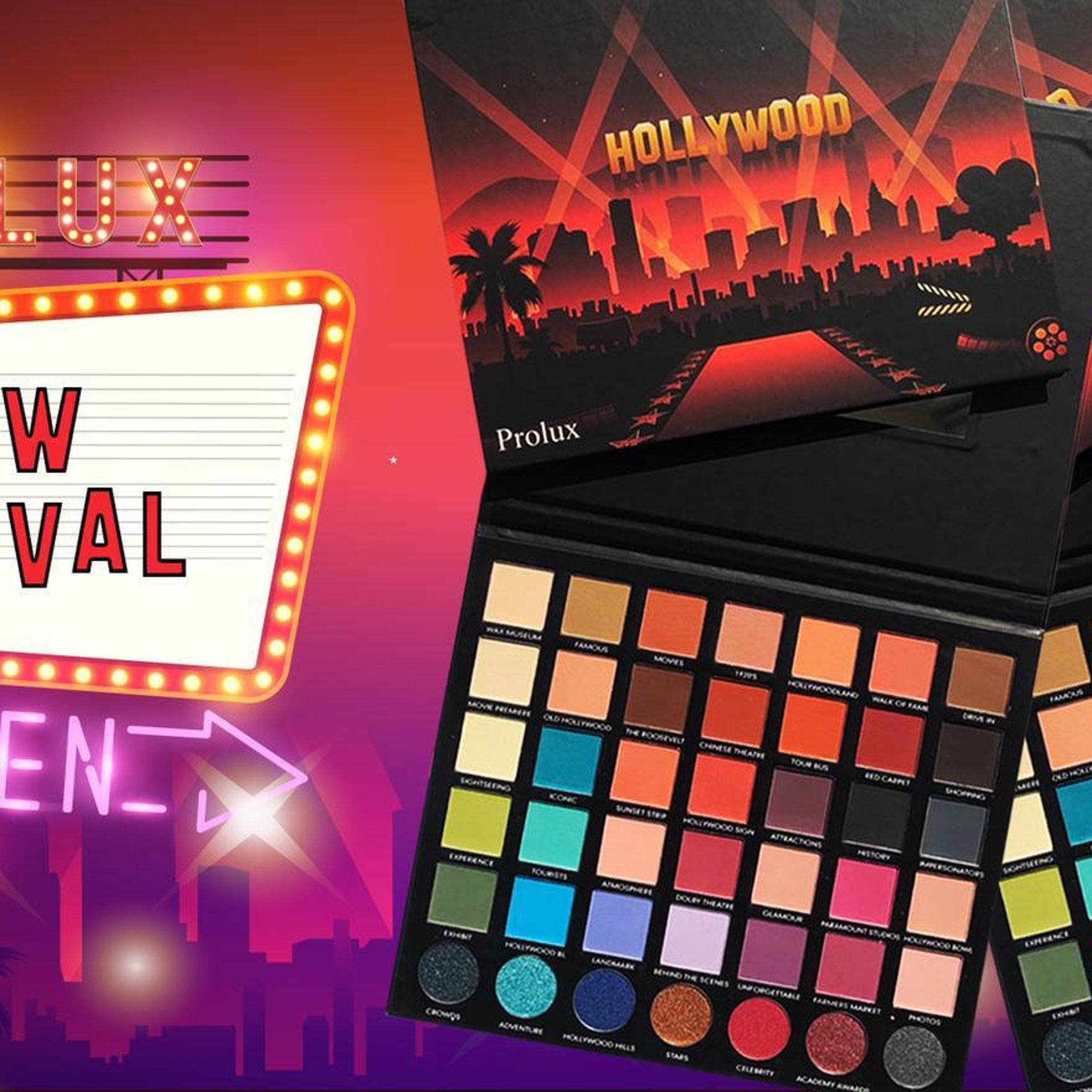 Eyeshadow palette with multiple colors, black case, and Prolux brand name displayed