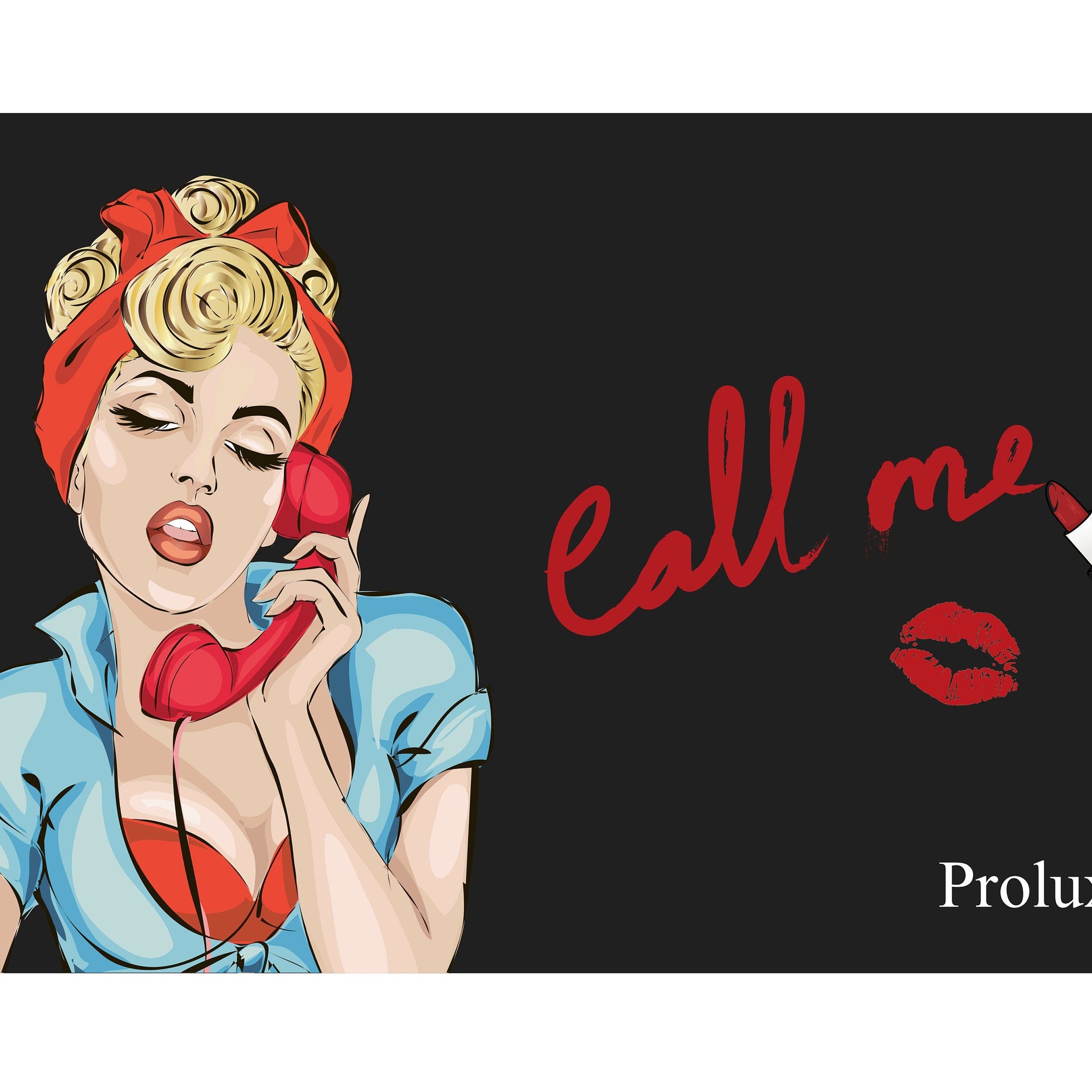 Pin-up girl illustration with red phone, red lipstick, and "call me" text on black background