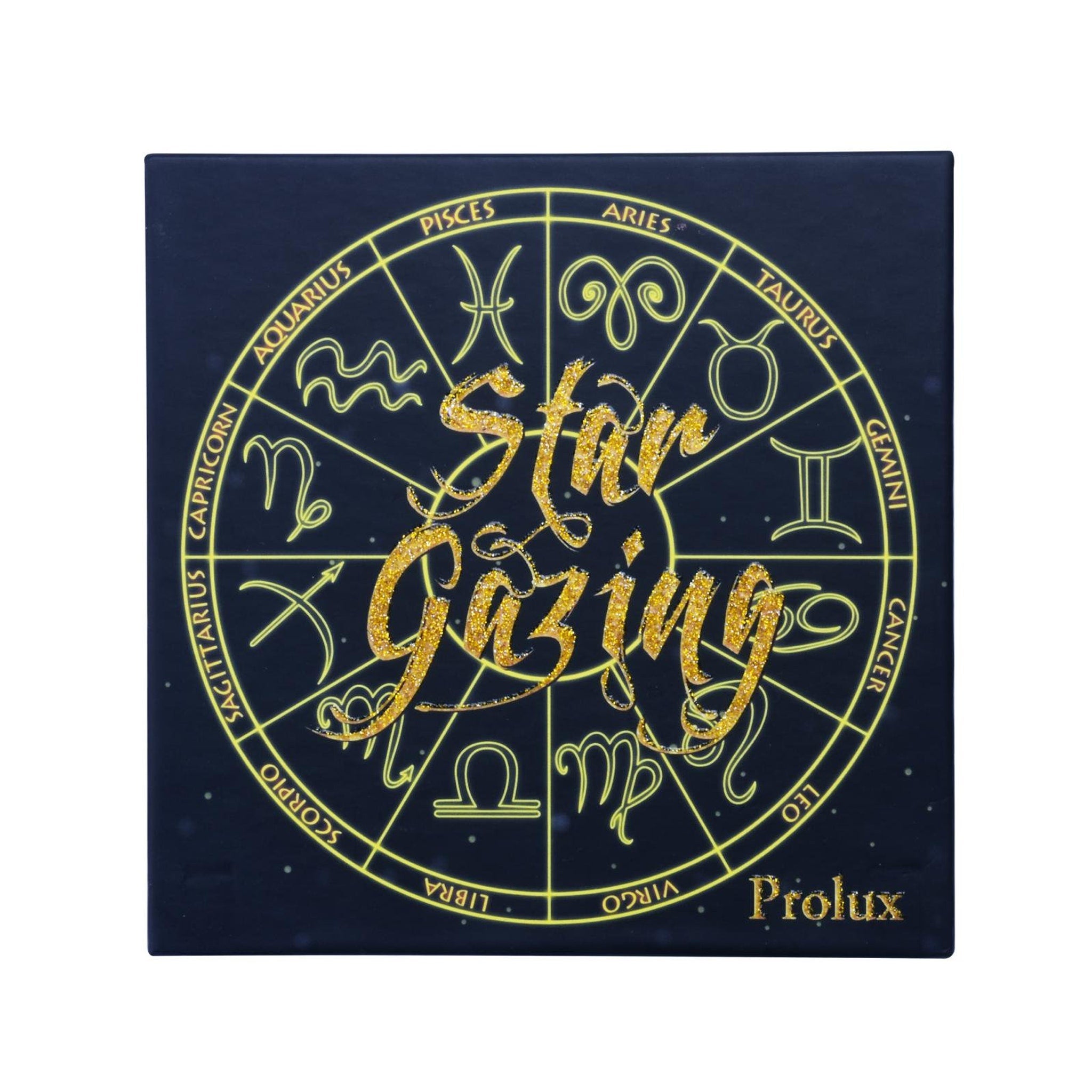 Star Gazing palette with gold glitter text, zodiac symbols, and navy background, Prolux brand