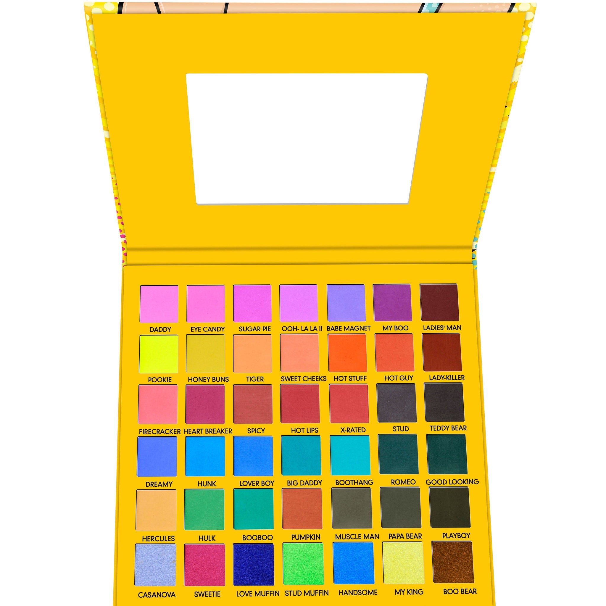 Eyeshadow palette with yellow case, colorful eyeshadow shades, and text labels
