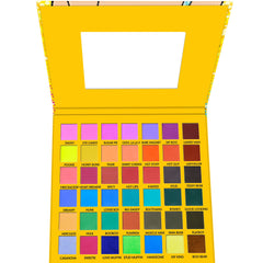 Eyeshadow palette with yellow case, colorful eyeshadow shades, and text labels