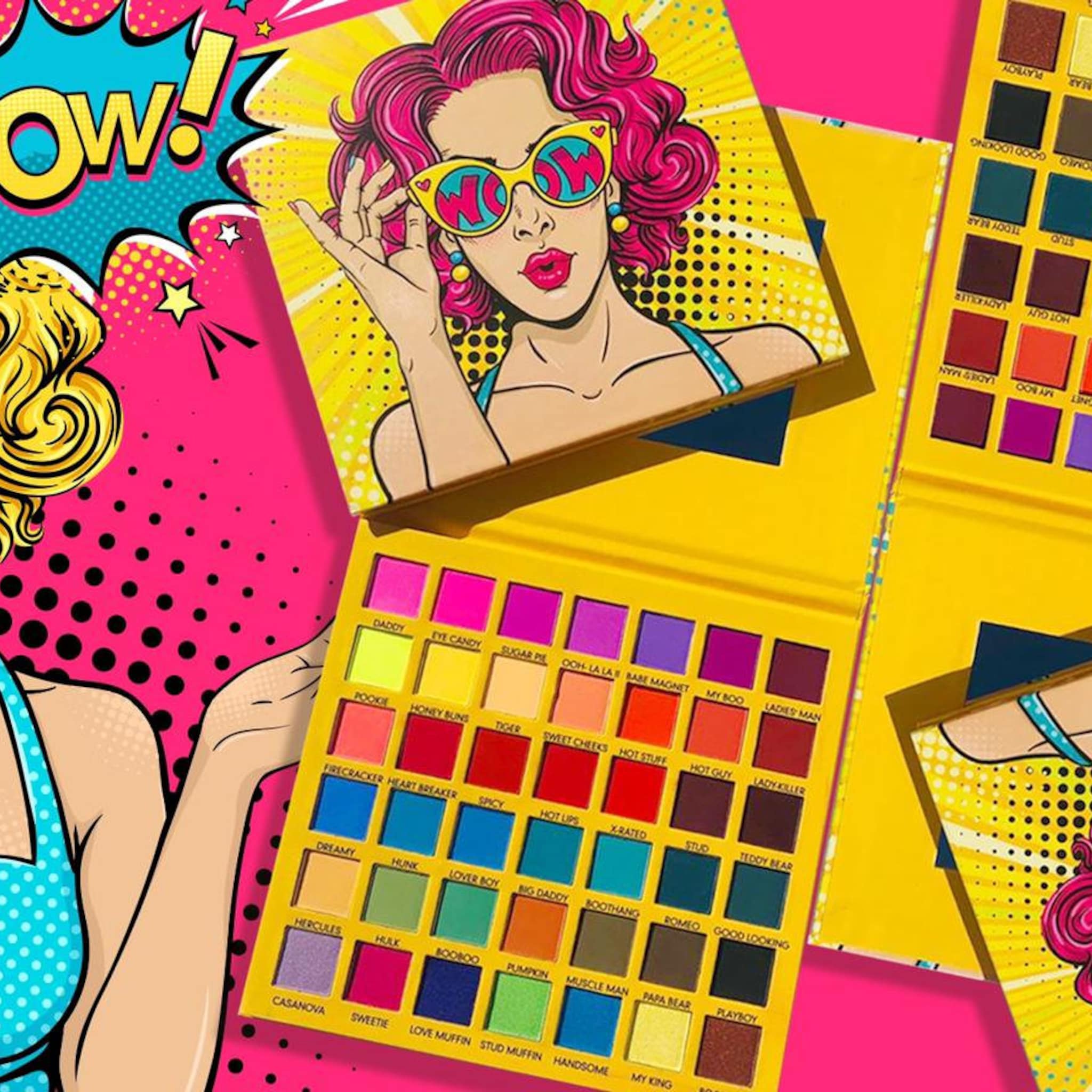 Eyeshadow palette with yellow, pink, and multi-colored shades, comic book style illustration, "WOW" text
