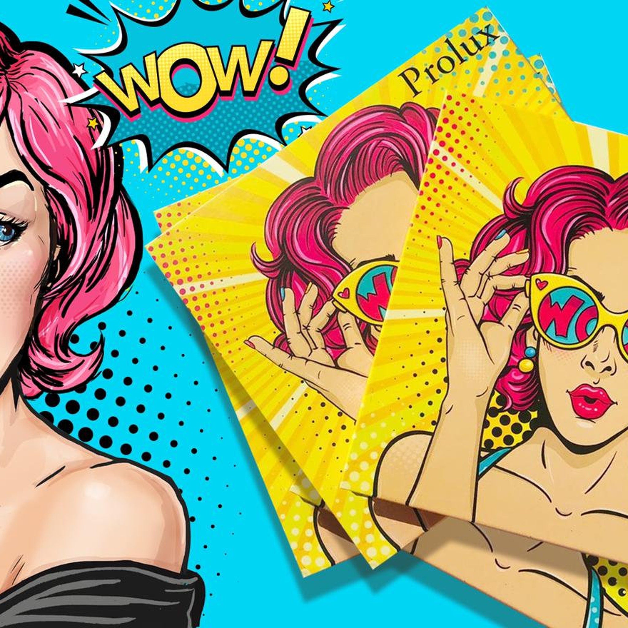 Pop art graphic with pink hair, yellow sunglasses, and Prolux text on yellow background