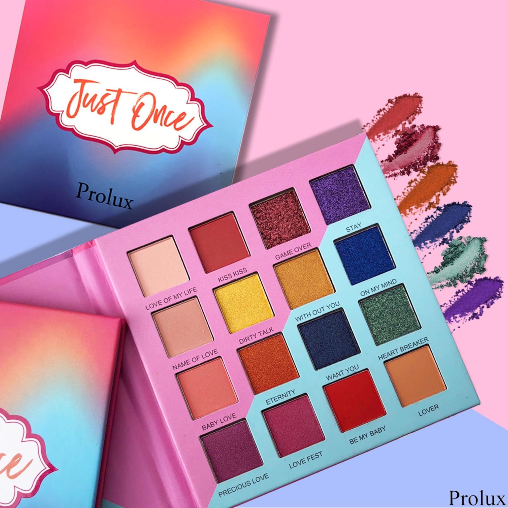 Eyeshadow palette with multiple colors, Prolux brand, open with swatches on pink background