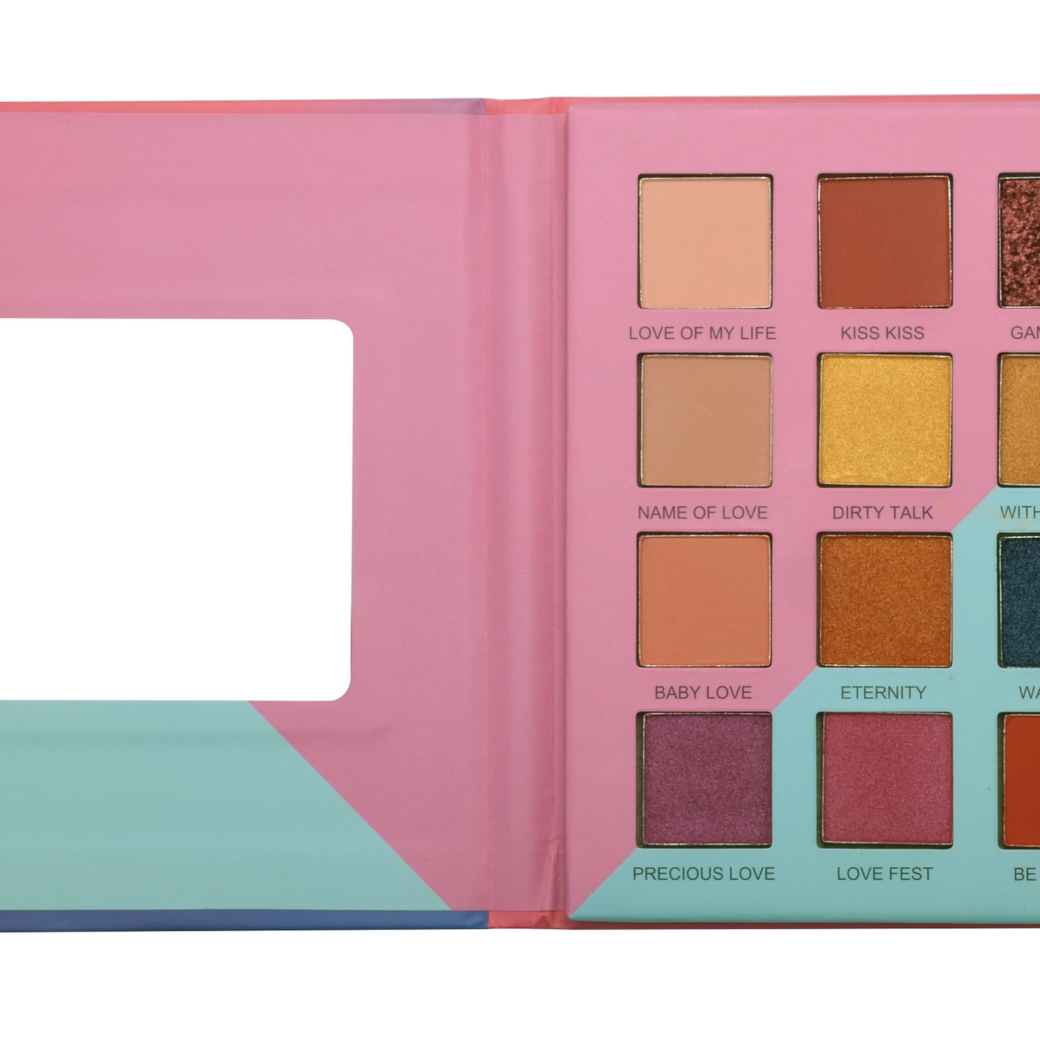 Eyeshadow palette with pink, gold, and brown shades, in a pink palette with white cutout.