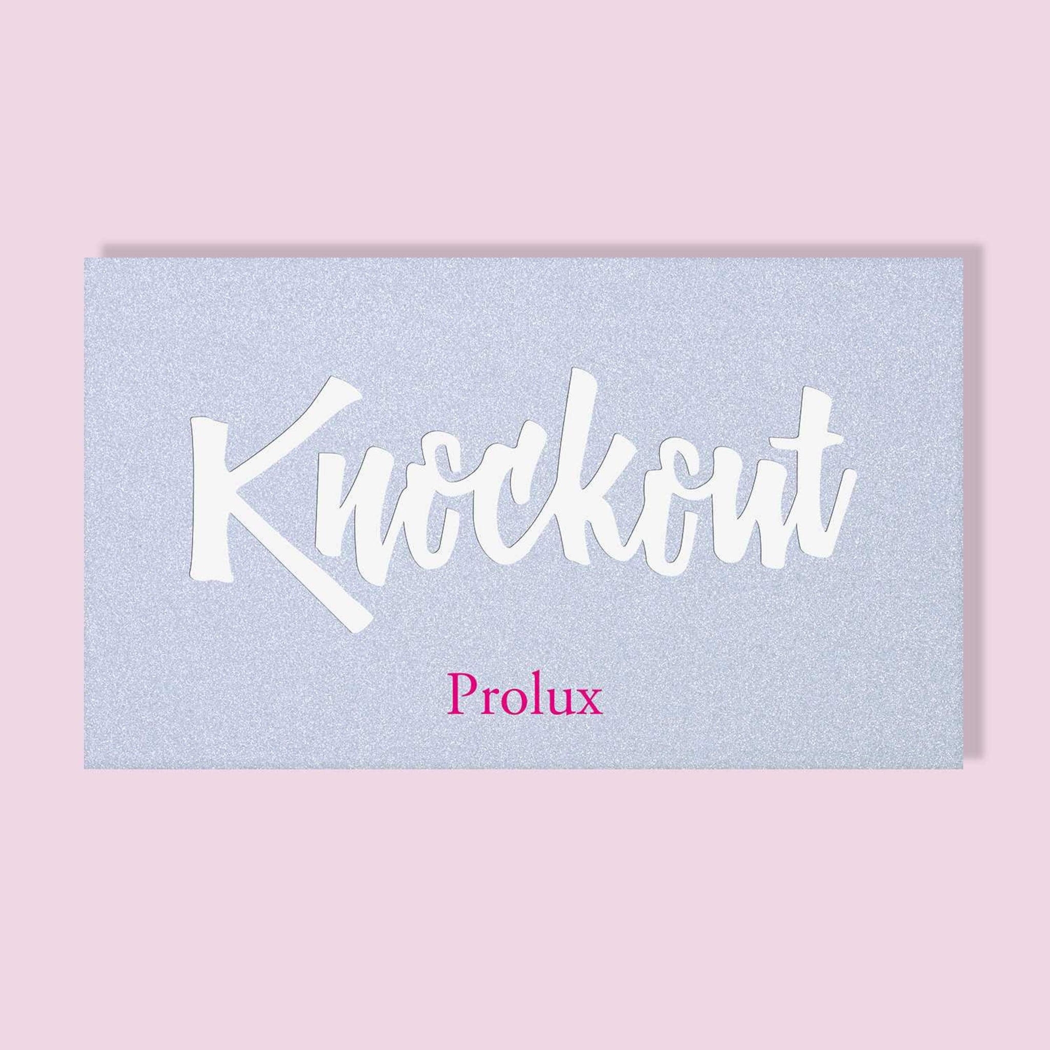 Knockout text on glitter background, white script, Prolux brand name, pink background