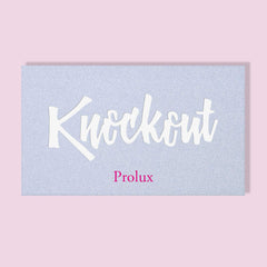 Knockout text on glitter background, white script, Prolux brand name, pink background