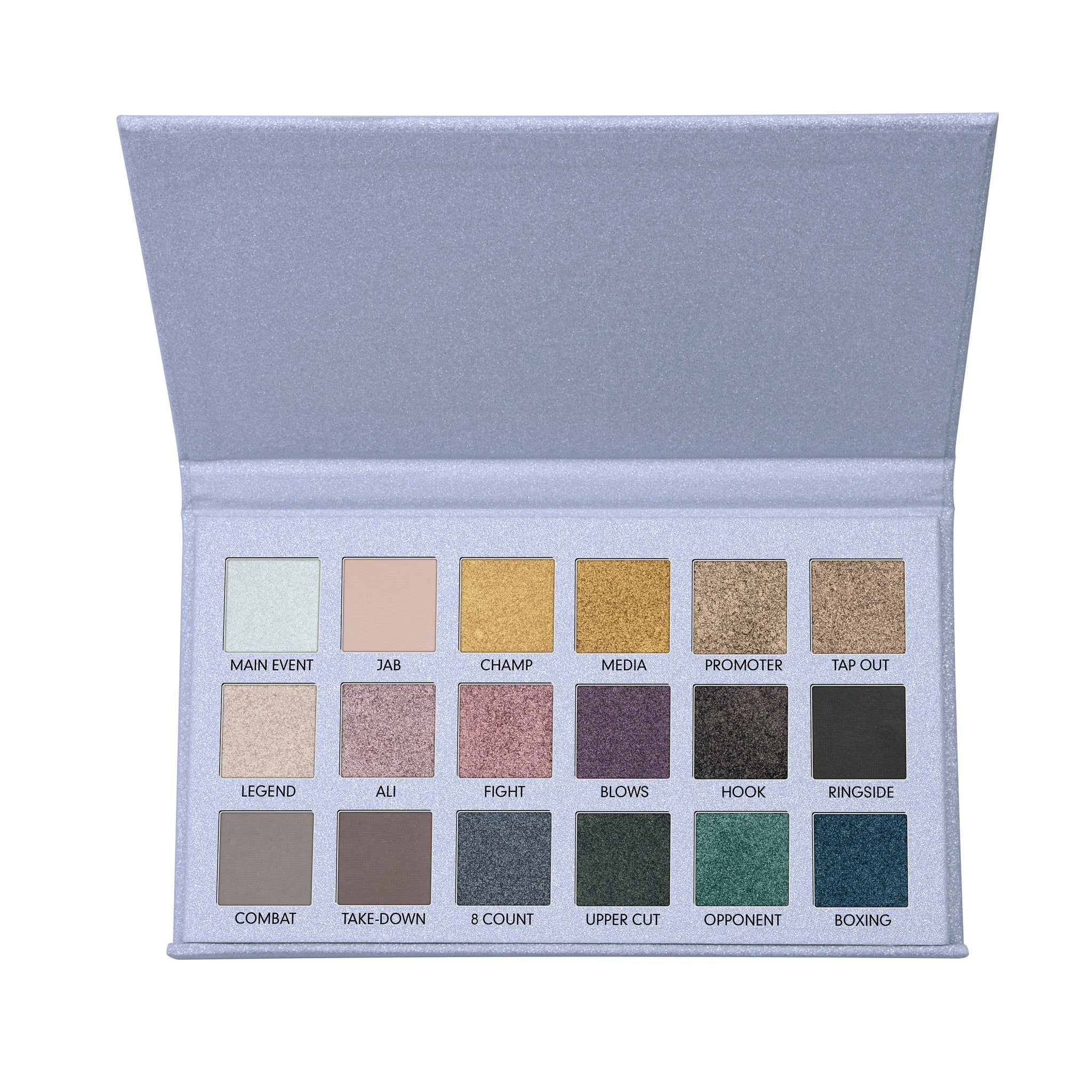 Eyeshadow palette with silver case, multiple colors, and labeled shades