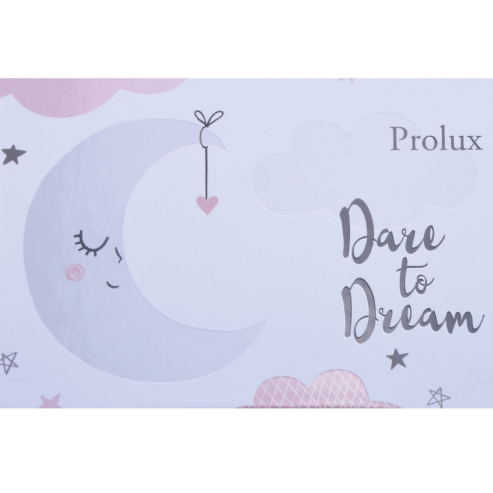 Wall art with moon, stars, and Prolux text, light pink and white colors, Dare to Dream message