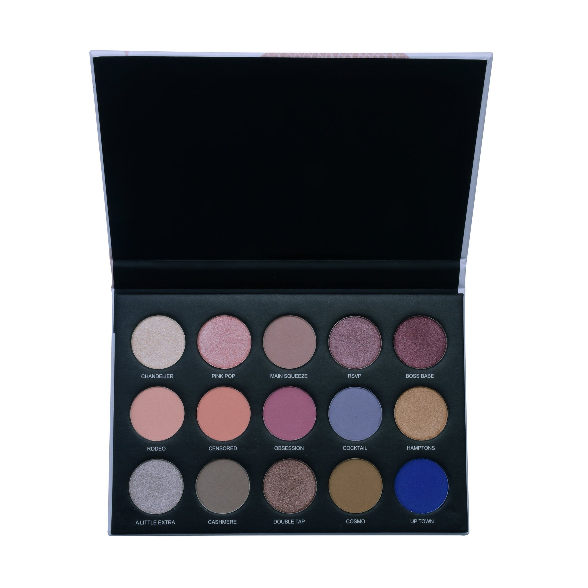 Eyeshadow palette with multiple colors, round pans, and a black case, open to display shades