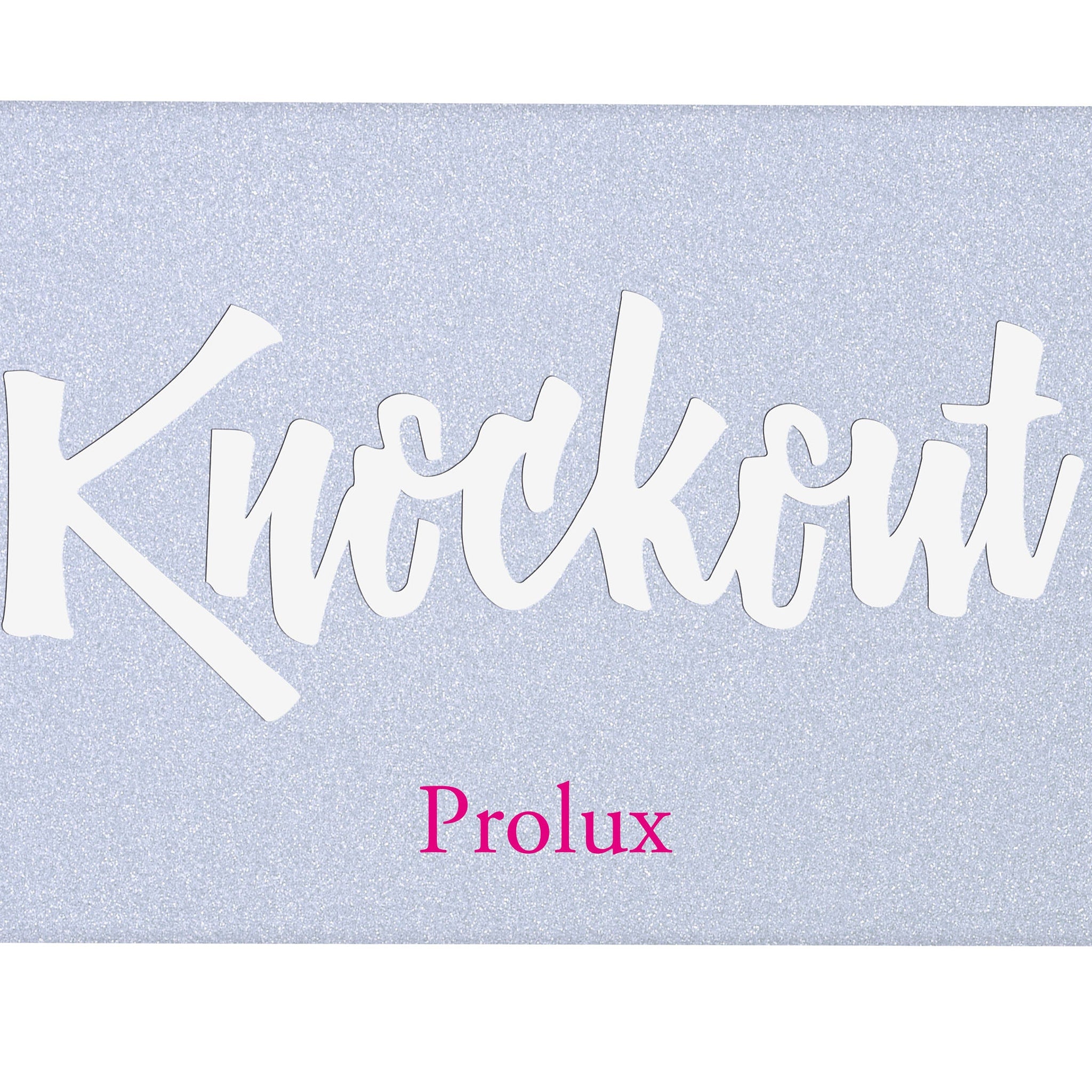 Knockout text in white with pink Prolux text on a glittery light blue background