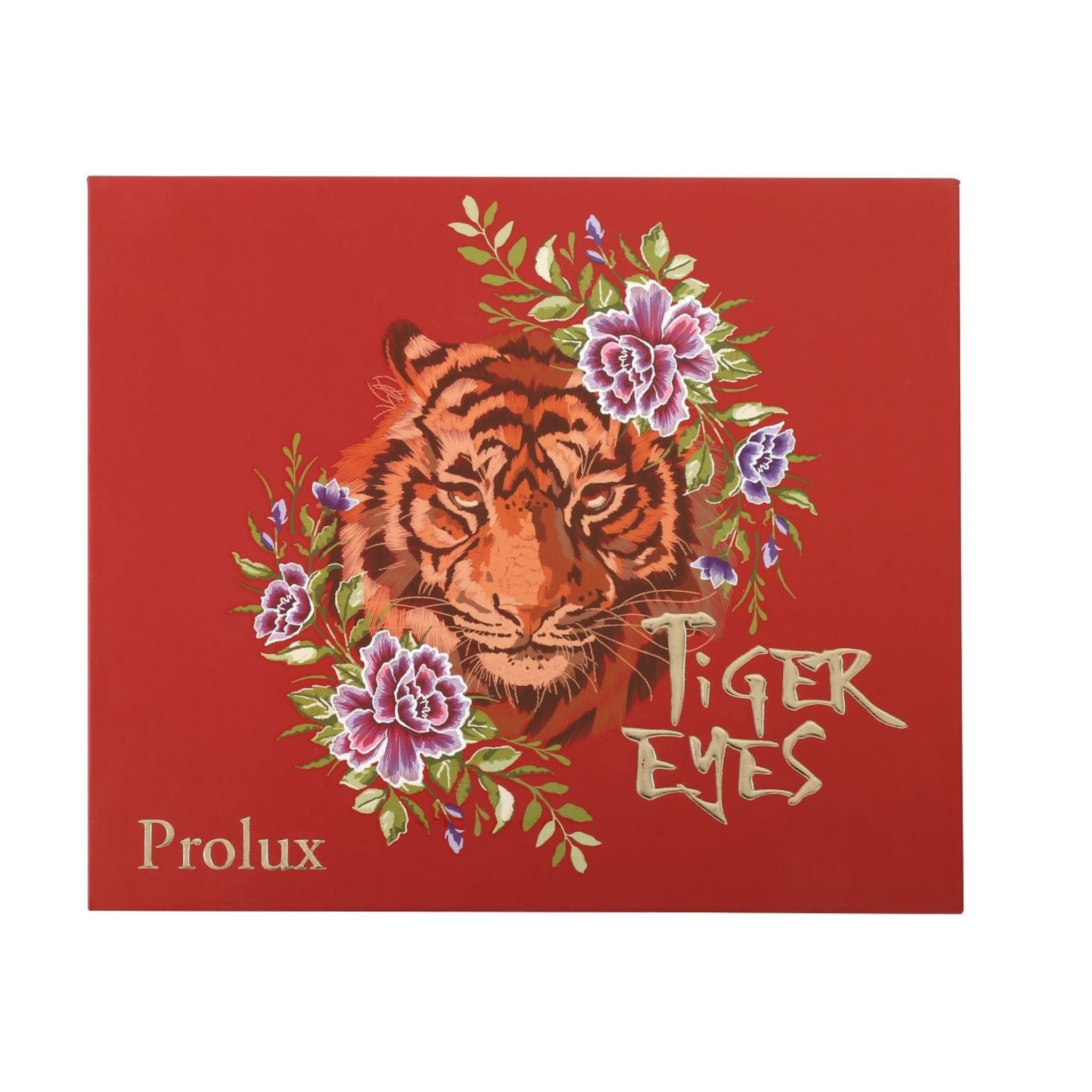 Red box with tiger illustration, floral accents, and gold text of "Tiger Eyes" and "Prolux