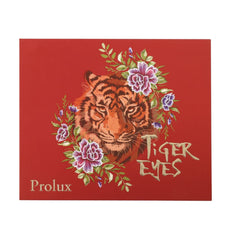 Red box with tiger illustration, floral accents, and gold text of "Tiger Eyes" and "Prolux