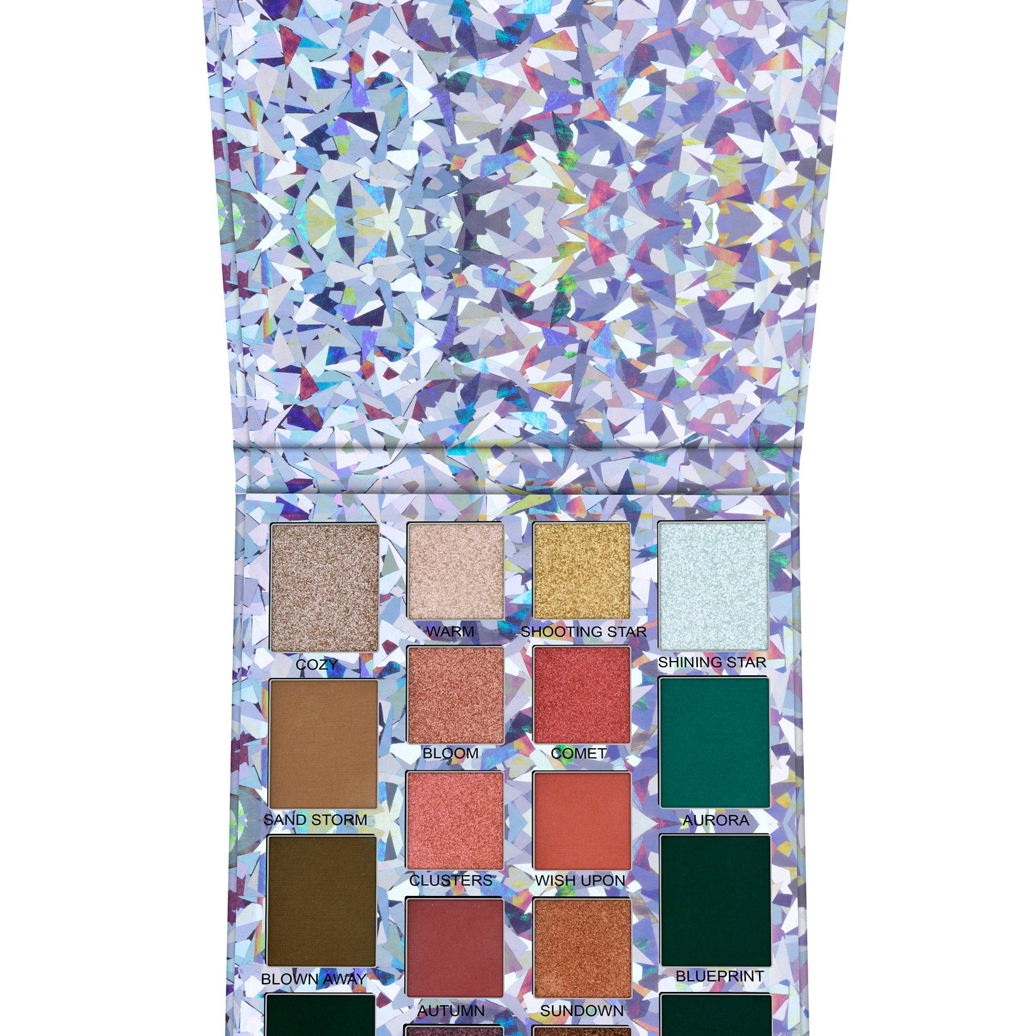 Eyeshadow palette with multiple colors, glittery geometric pattern, and various shades of eyeshadow