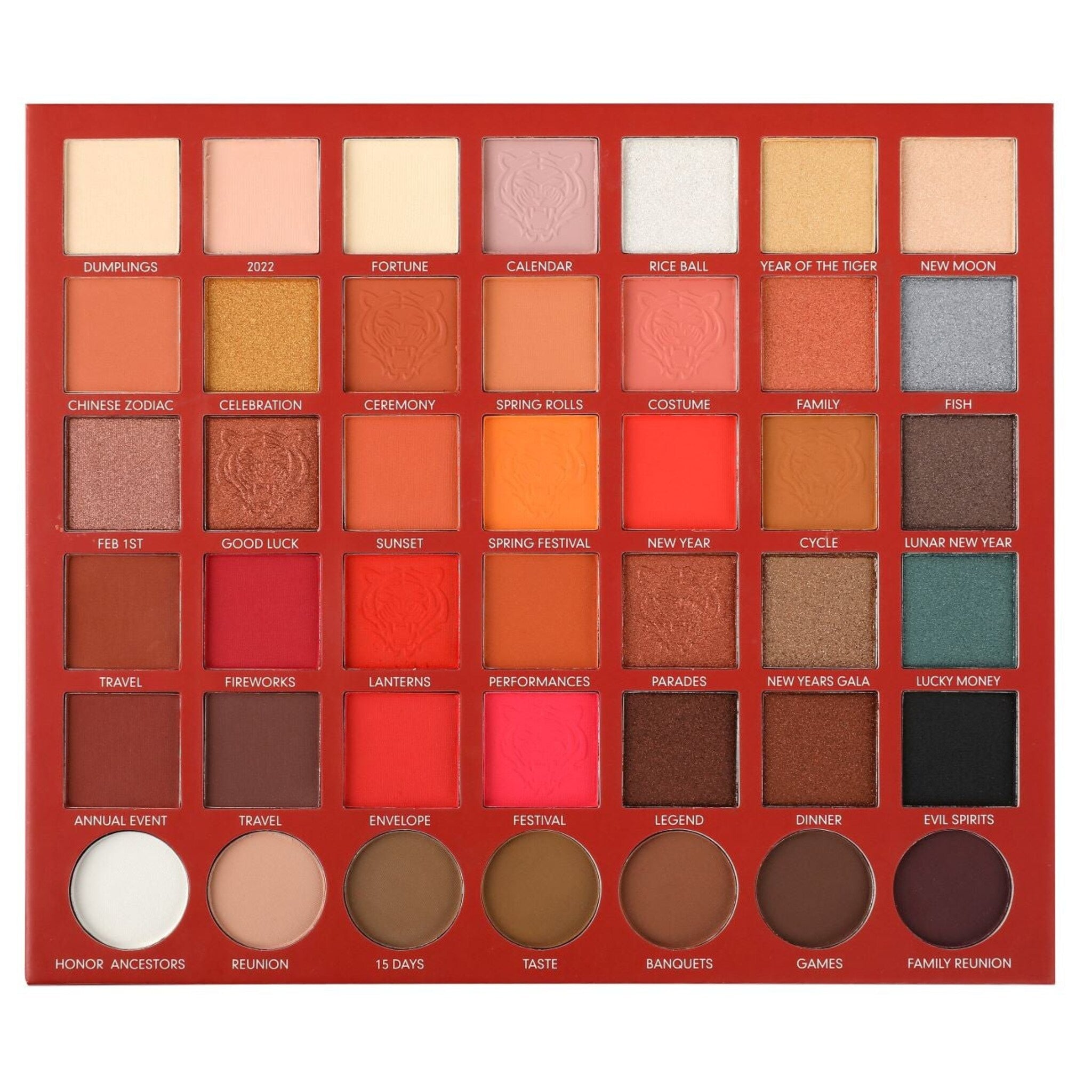 Eyeshadow palette with red, orange, and brown shades, various textures, and square pans