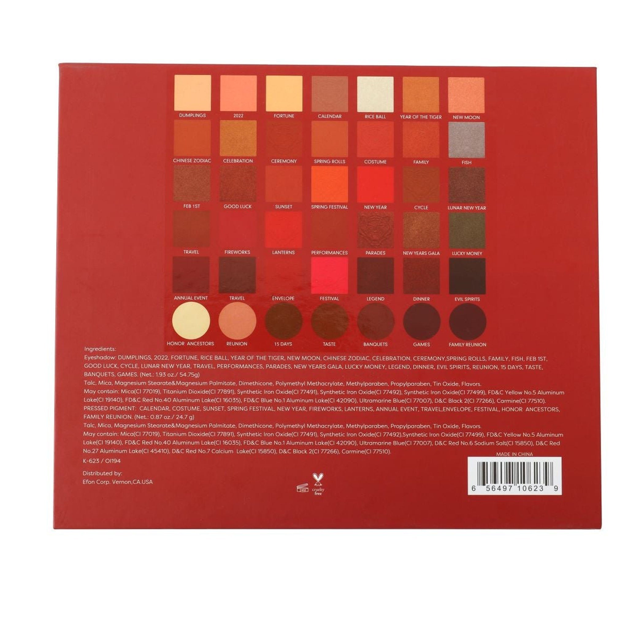 Eyeshadow palette with red, orange, and gold shades, various colors, and text labels.